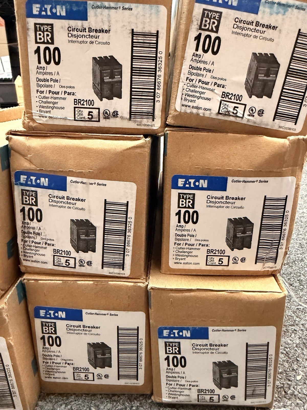 LOT OF 5 NEW EATON BR2100 BR2100CS TYPE BR 2 POLE 100AMP 240V CIRCUIT BREAKERS