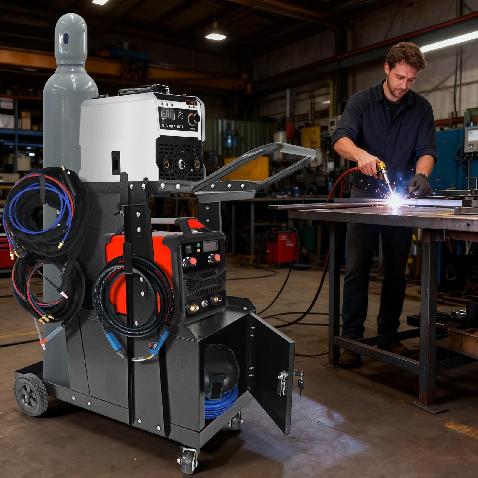 Heavy Duty Welding Cart with Lockable Cabinet, 360° Wheels for MIG/TIG/Plasma