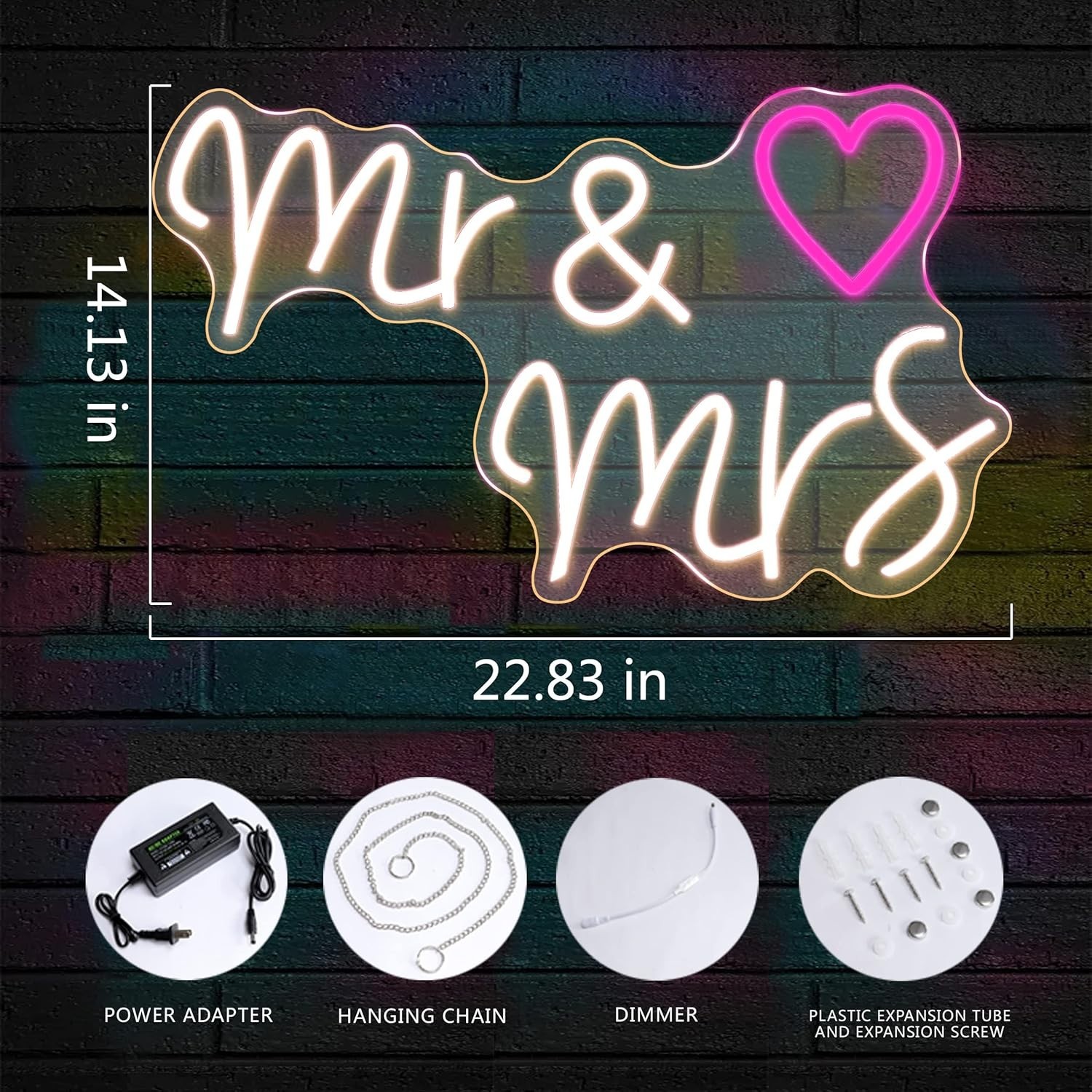 Led Neon Sign «Mr & Mrs» Heart 23″ x14″ Large 110V Wall Decor Wedding Party