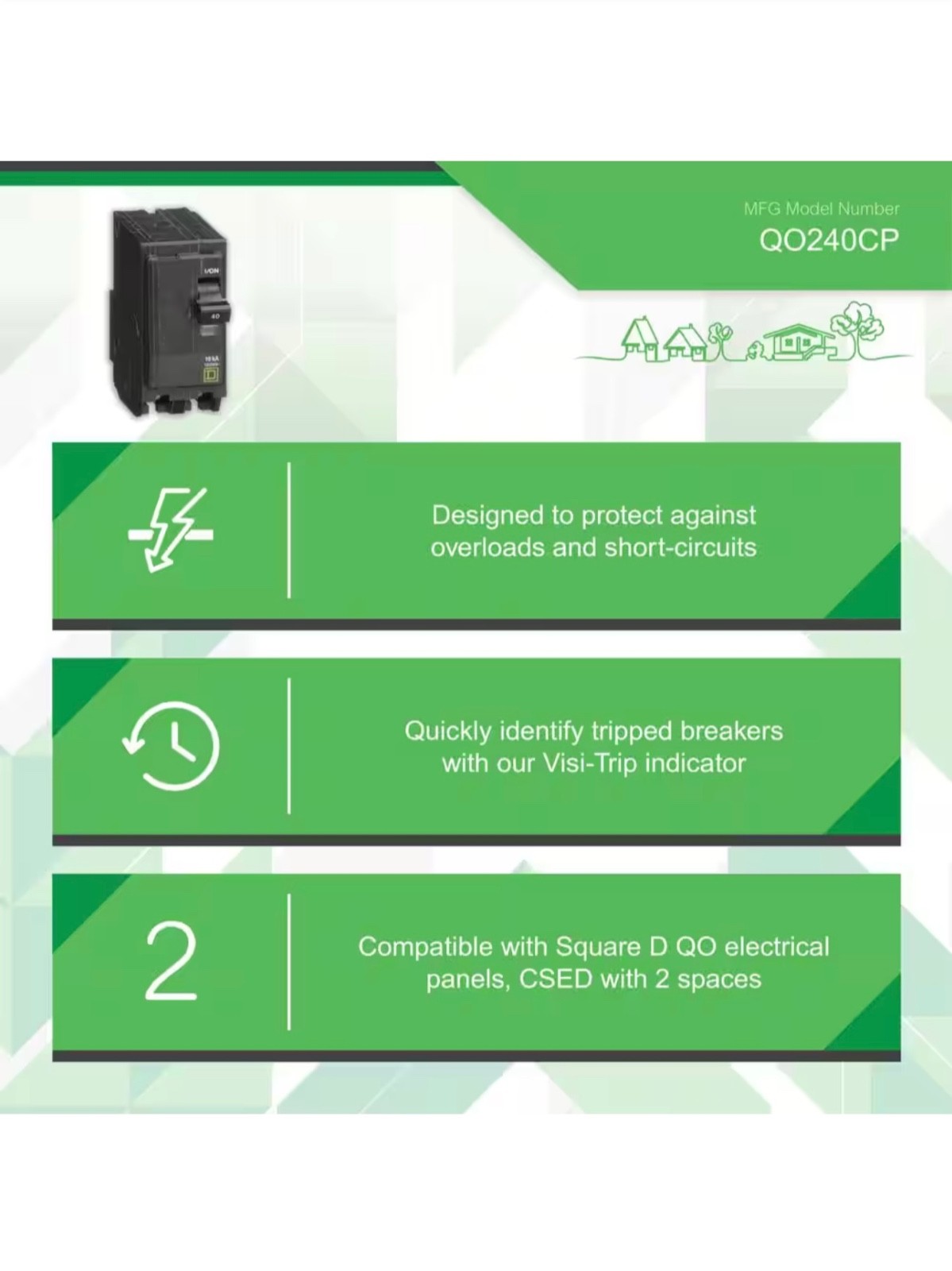 Square D Circuit Breaker QO, 40 Amp, 2 pole, 120/240VAC, 10kA (QO240CP)