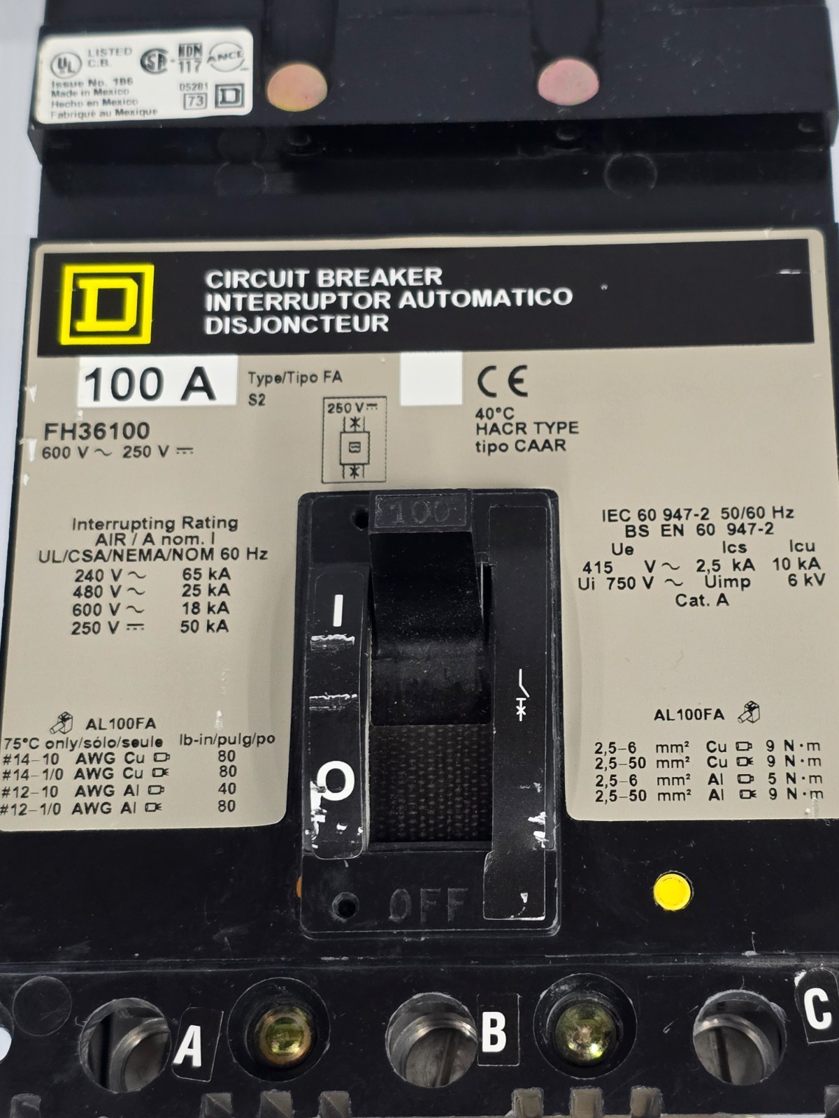 Square D 100 Amp I-Line Circuit Breaker 600 VAC 3 Pole 65 kA FH36100