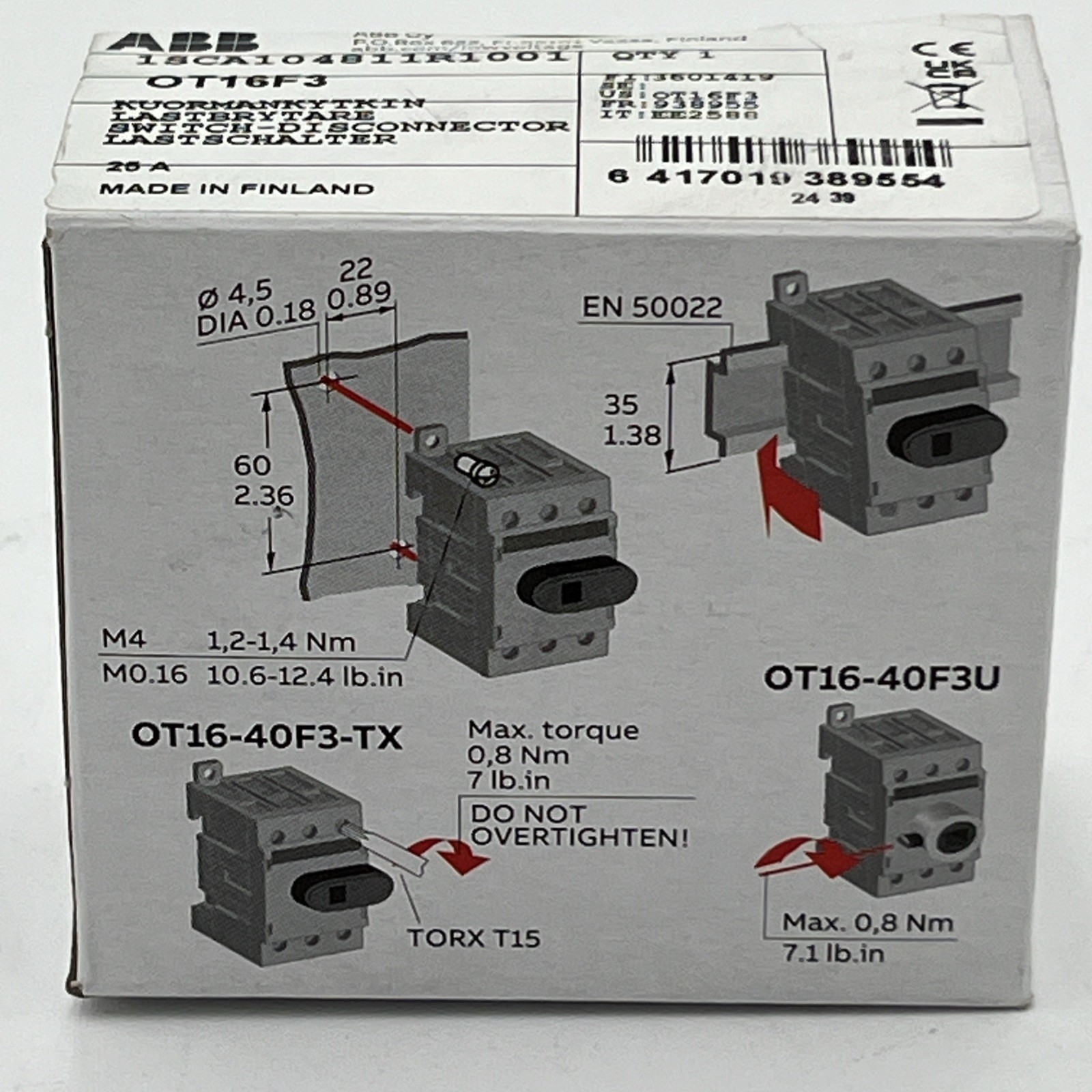 NEW!! ABB OT16F3 Switch Disconnector 3-pole Front Operated 16A – 1SCA104811R1001