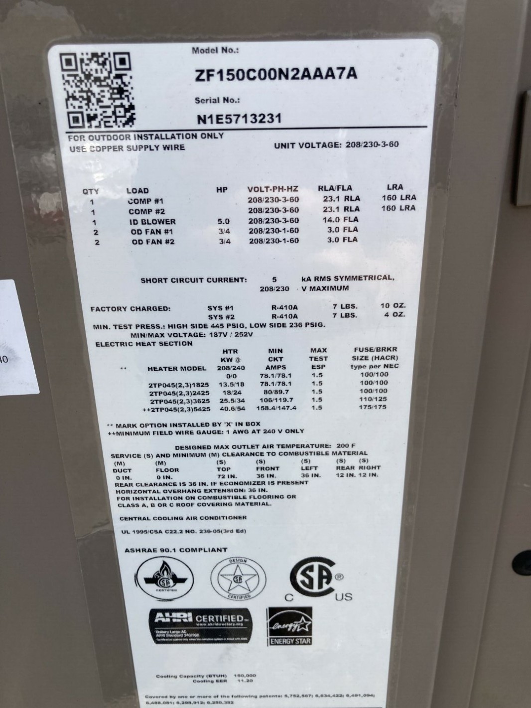 York 12.5 Ton Rooftop AC 208/230-3-60V R410A, ZF150C00N2AAA7A