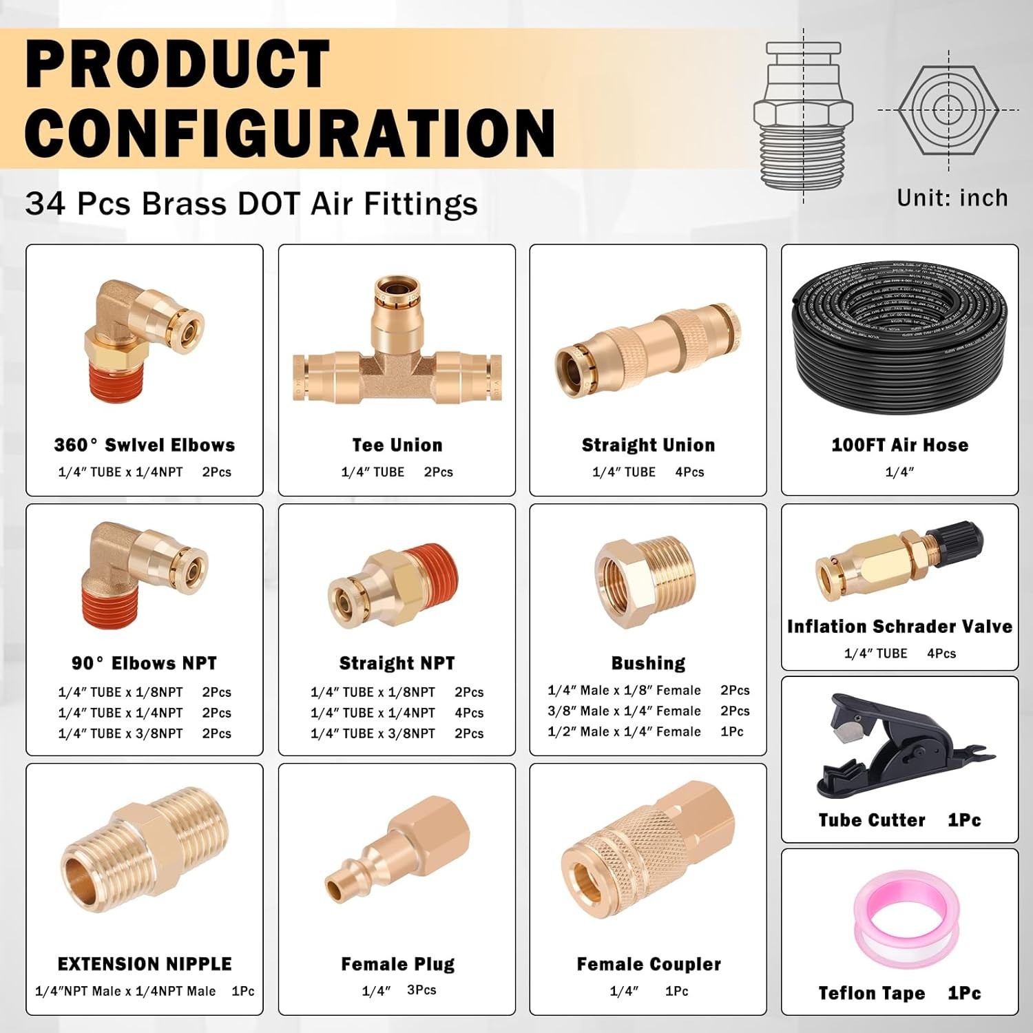 CheeMuii 100 FT 1/4″ DOT Air Line w 34 Pcs Brass DOT Air Line Fittings Kit 30.5m