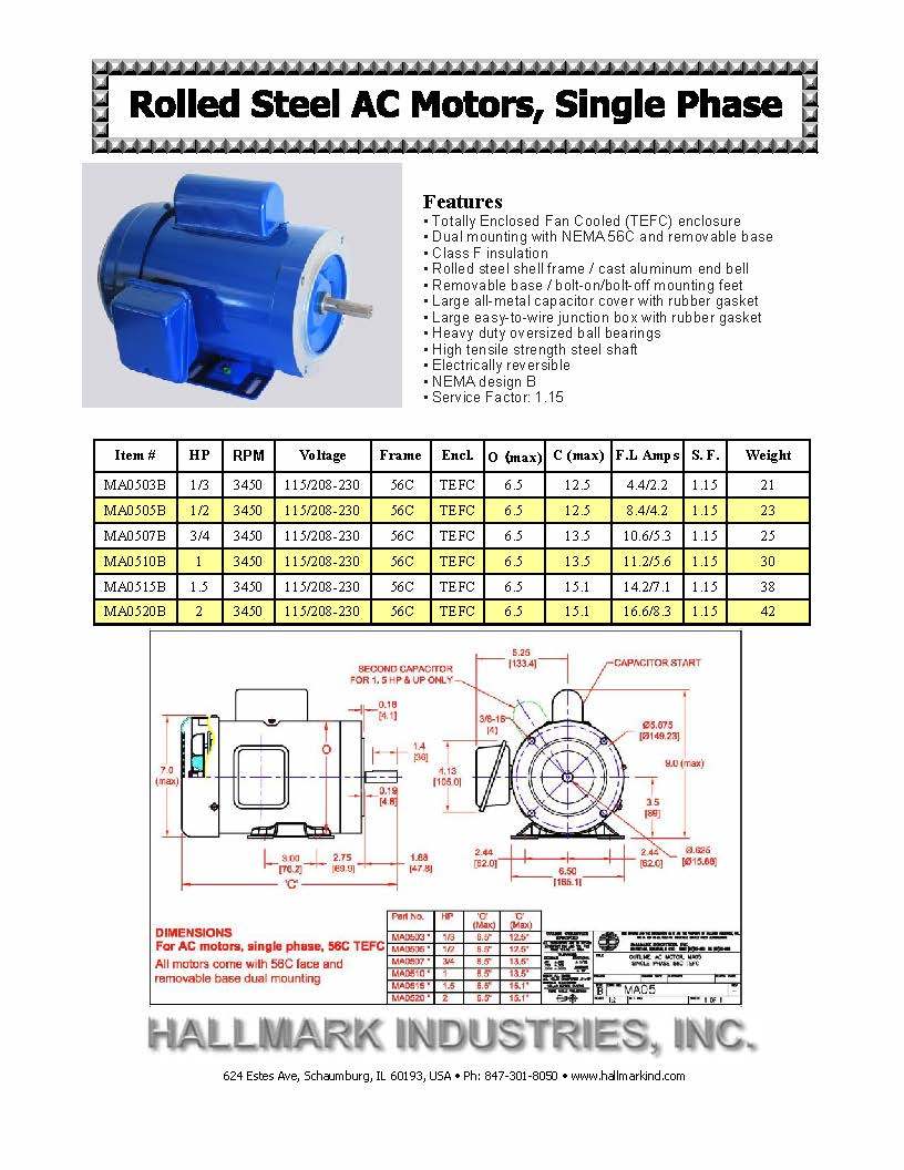 AC MOTOR, 1HP, 3450 RPM, 1PH, 115V/208-230V, 56C/TEFC, With base