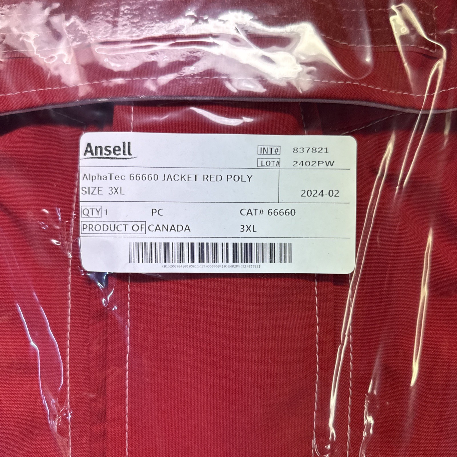 Ansell 66-660 Lab Jacket, Polyester, Zipper, Red, 3Xl