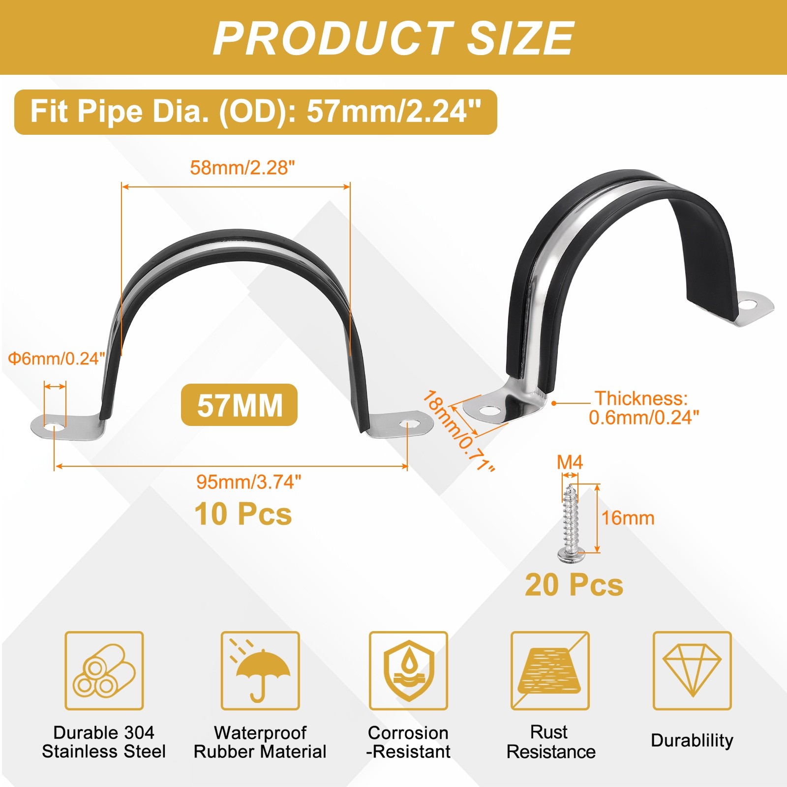 10Pcs 57mm (2-1/4″) Cable Clamps, for Black Rubber Pipe Clamps