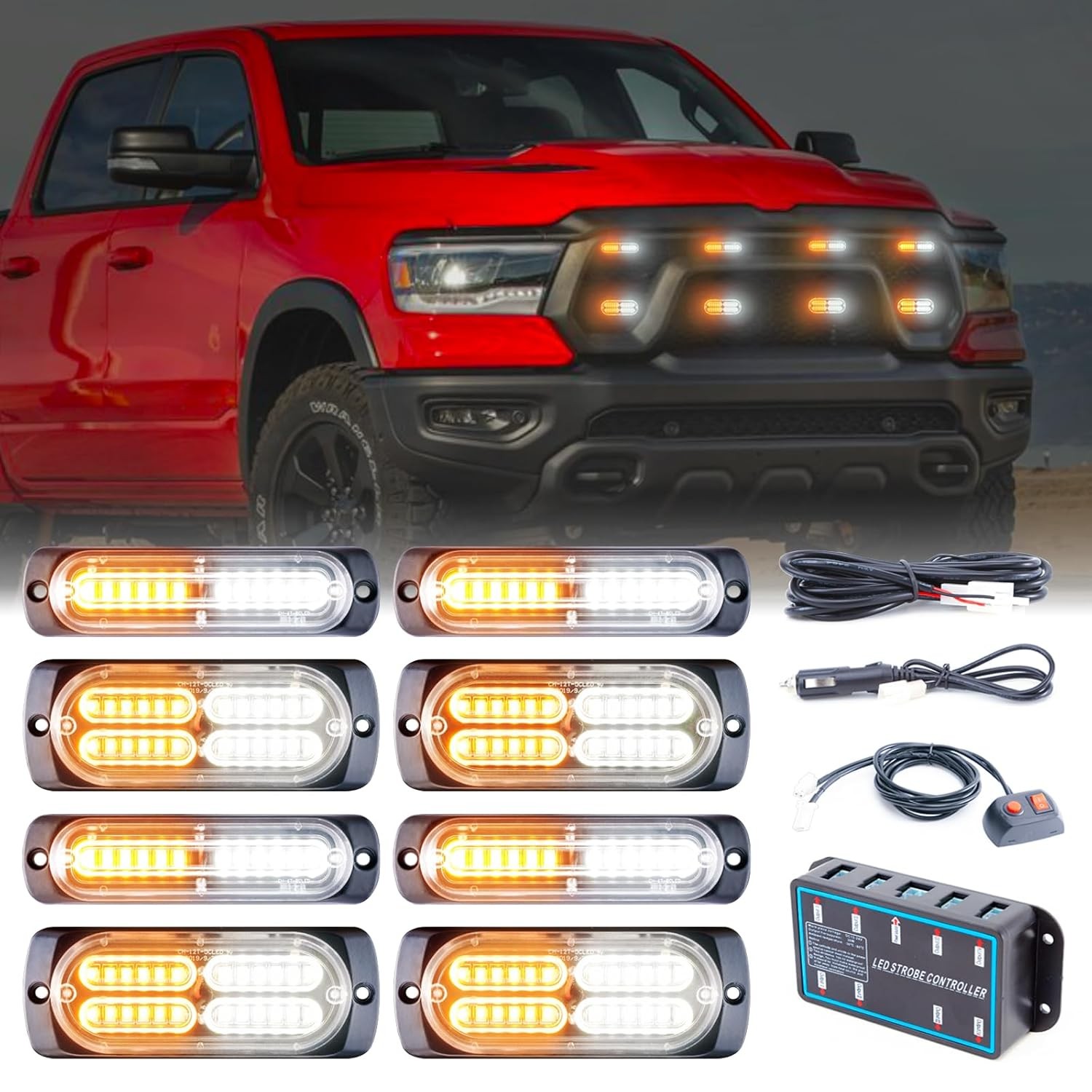 8pcs Amber White LED Sync Strobe Lights Ultra Slim Surface Mount Flashing