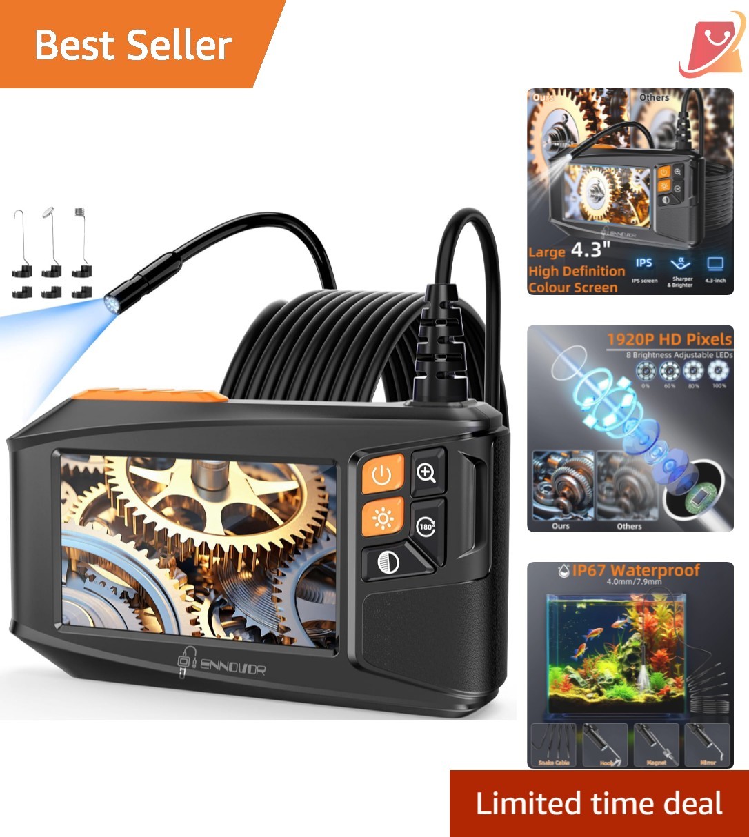 Endoscope Camera Waterproof 4.3 Inch HD 1920P Inspection for Pipes Engines
