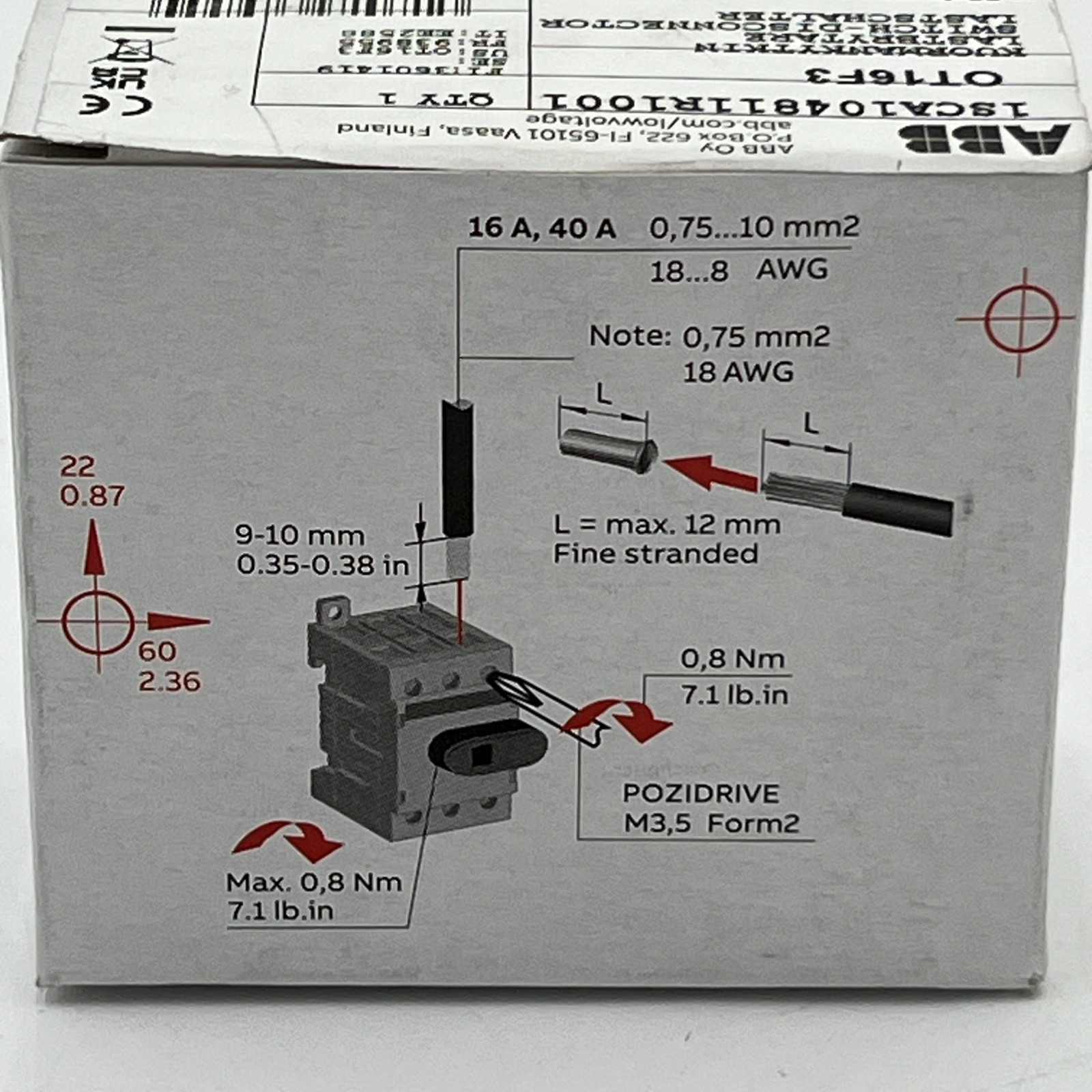 NEW!! ABB OT16F3 Switch Disconnector 3-pole Front Operated 16A – 1SCA104811R1001
