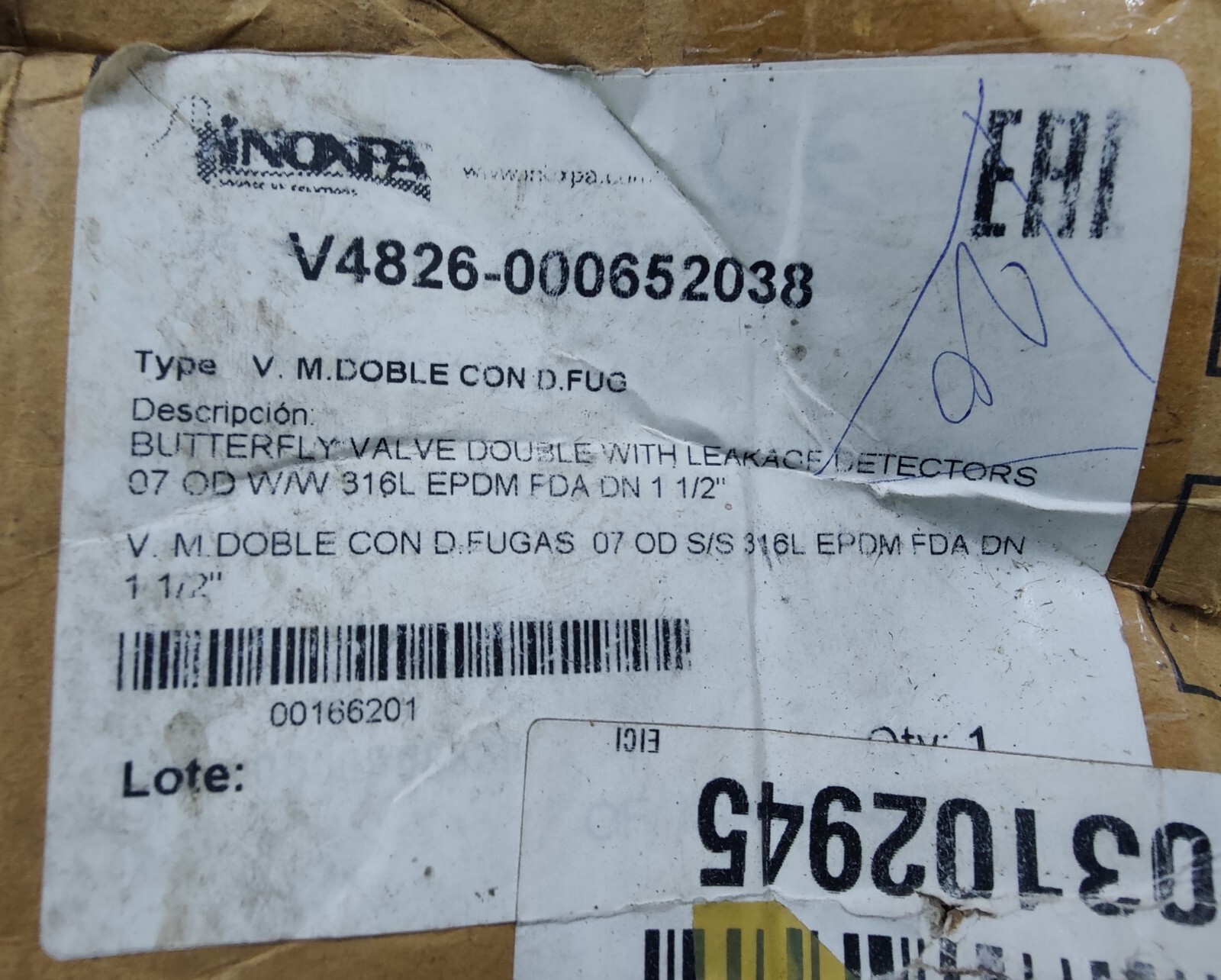 INOXPA V4826-000652038 Butterfly Valve Double with Leakage Detector 316L 1 1/2″