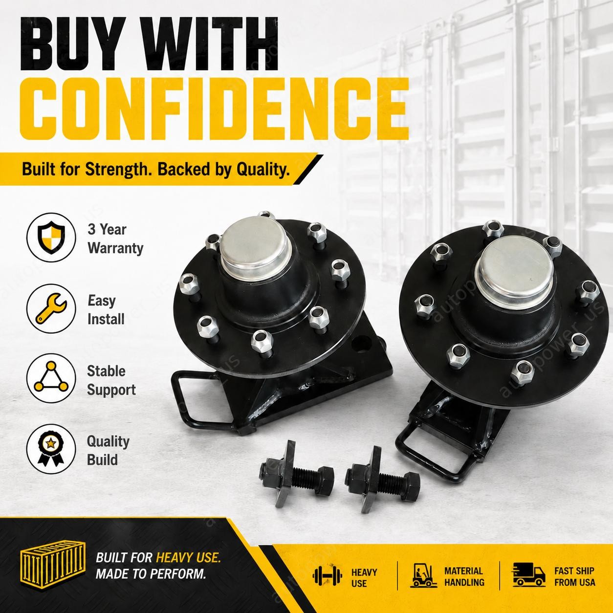 8 x 6.5 Lug – 9000LB Shipping Container Wheels Bolt-on Spindle Kit Pair