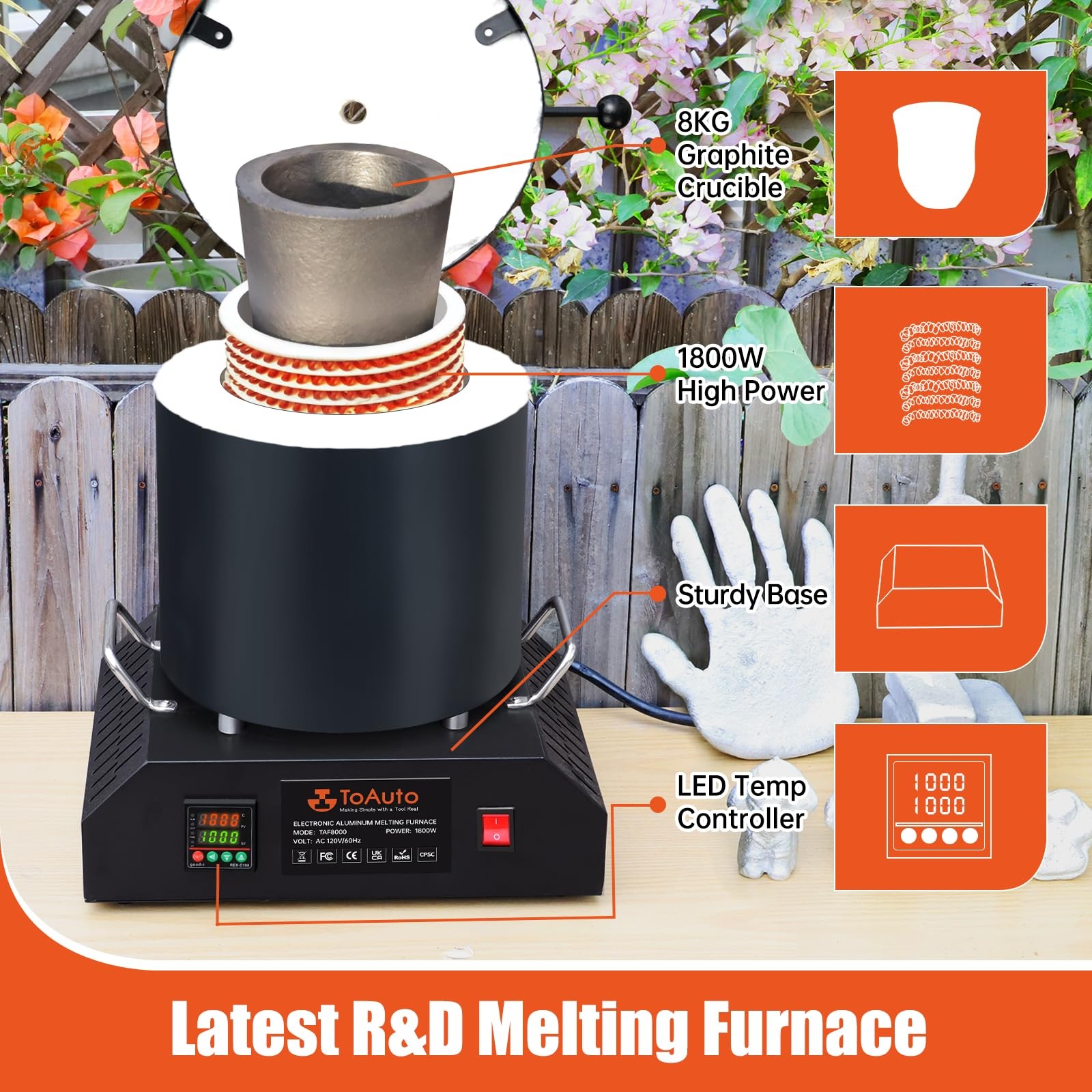 Electric Melting Furnace 8KG 1800W Aluminum Smelter Kiln TAF8000 TOAUTO Large