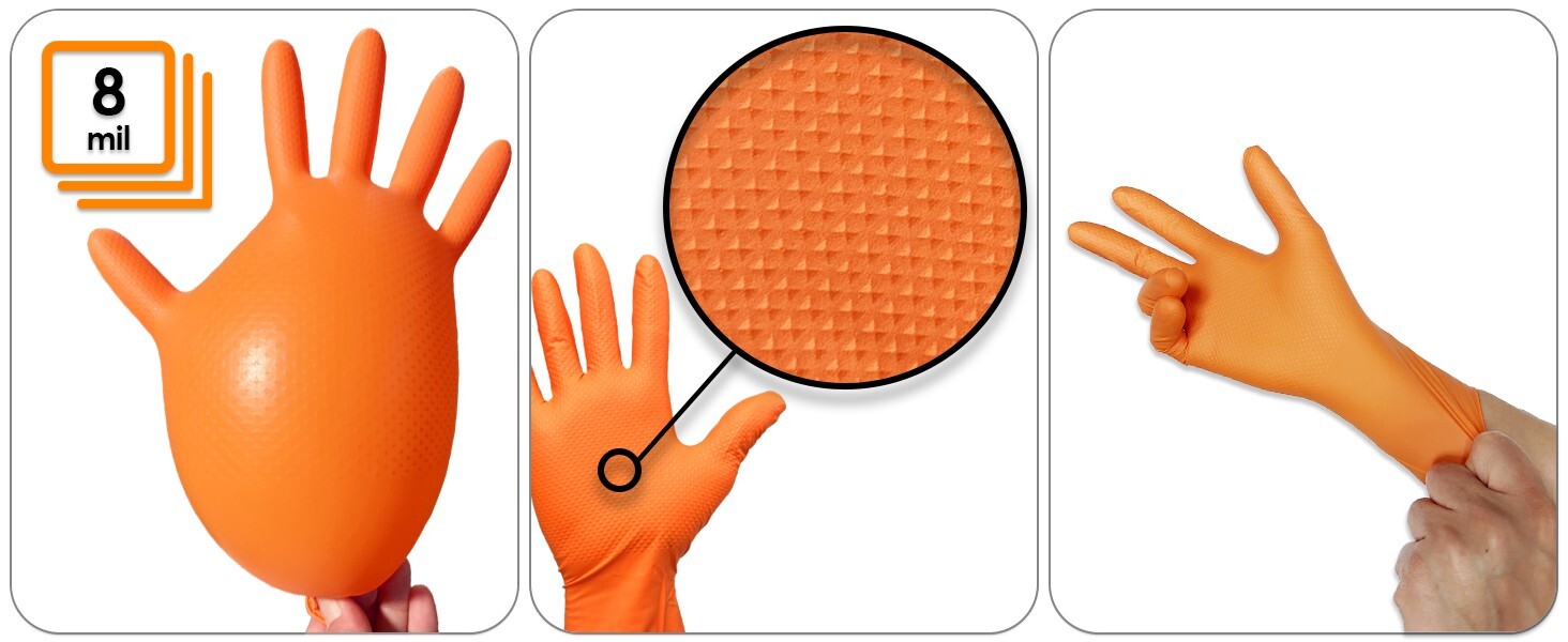 8 Mil Orange Disposable Nitrile Gloves. Raised Diamond Texture – Large- 10 Boxes