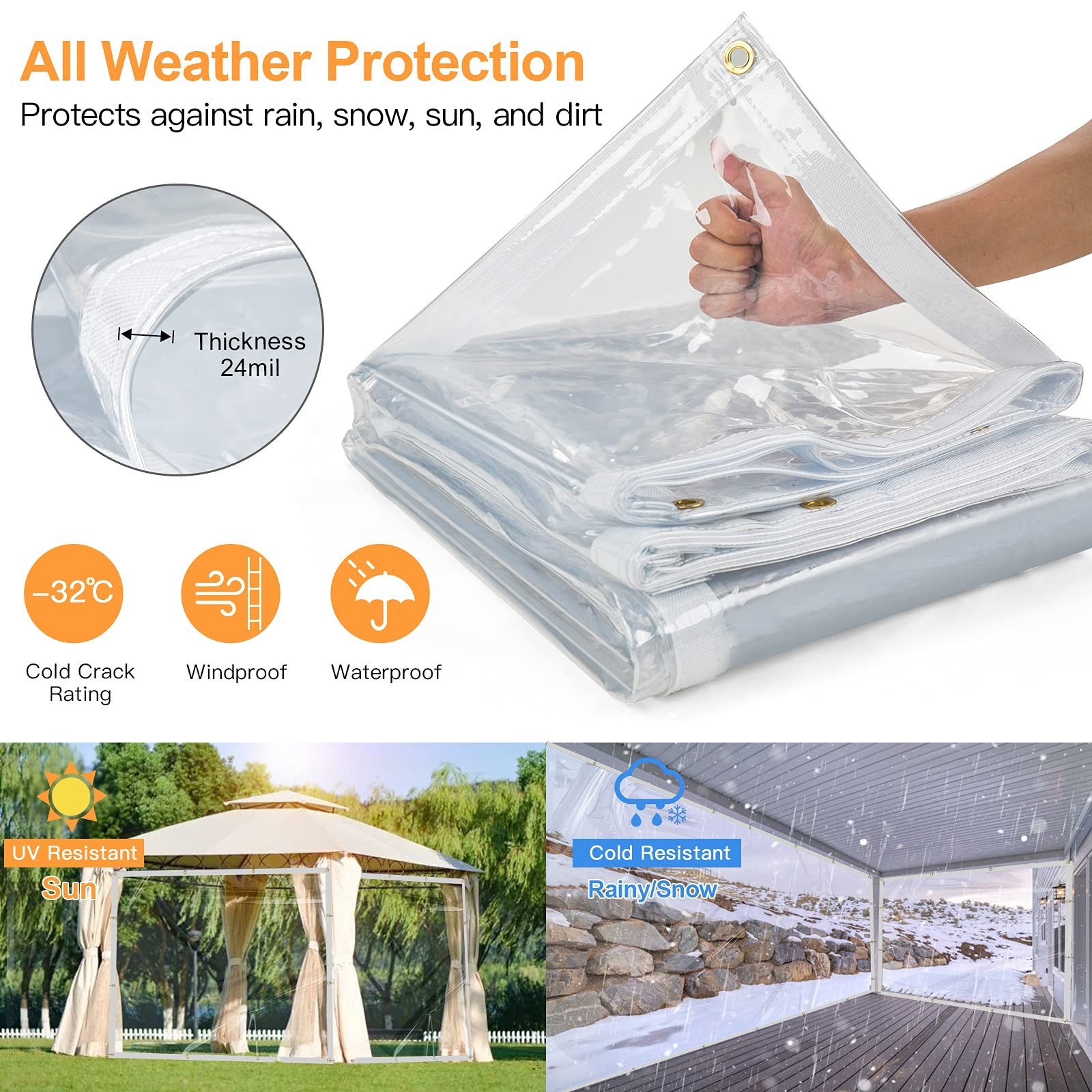 7 x 9FT Outdoor Clear Tarp Curtain Waterproof Wind-Proof 24 Mil Transparent V…