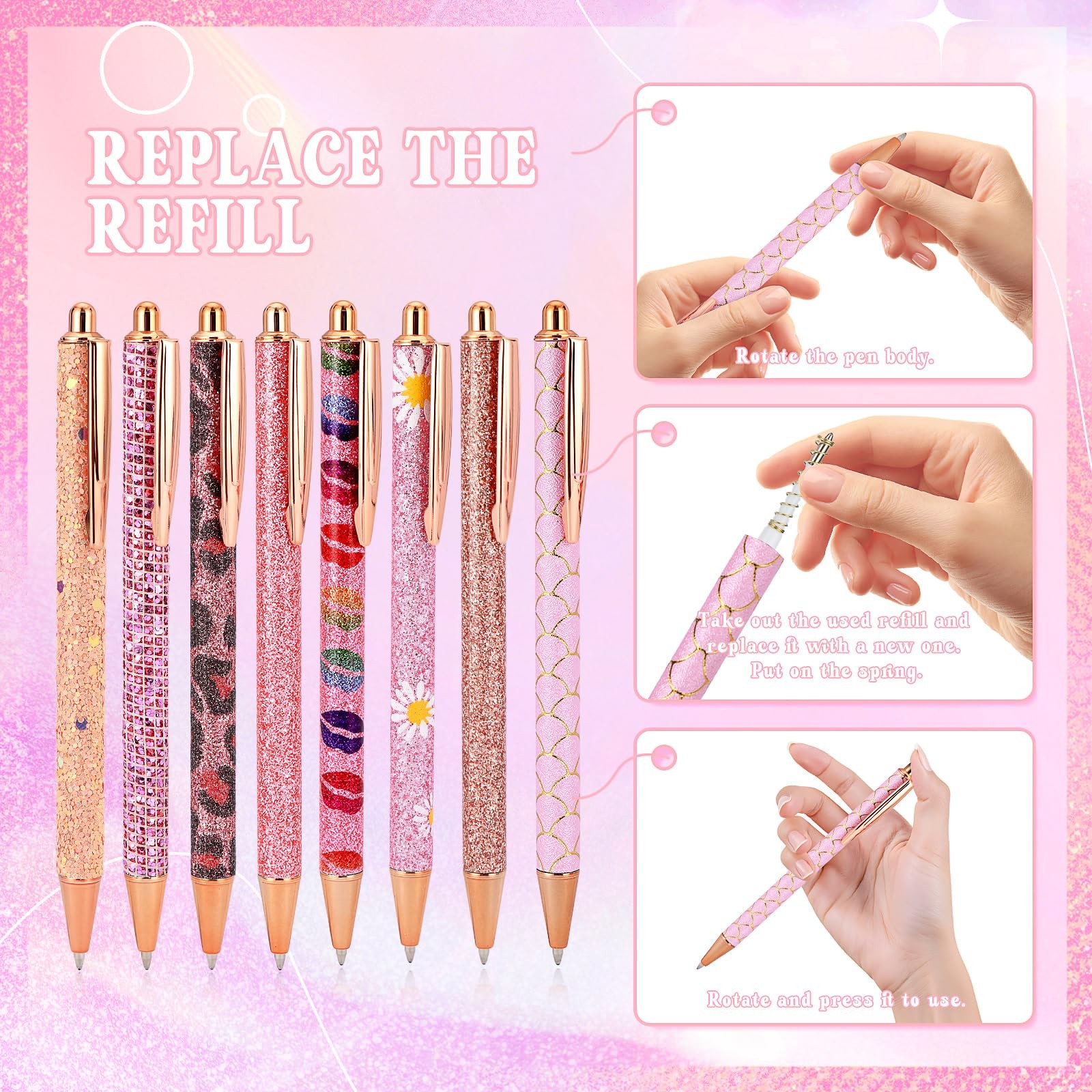 8 Pcs Pink Sparkly Pens for Women – Cute Glitter Ballpoint Pens with 10 Refil…