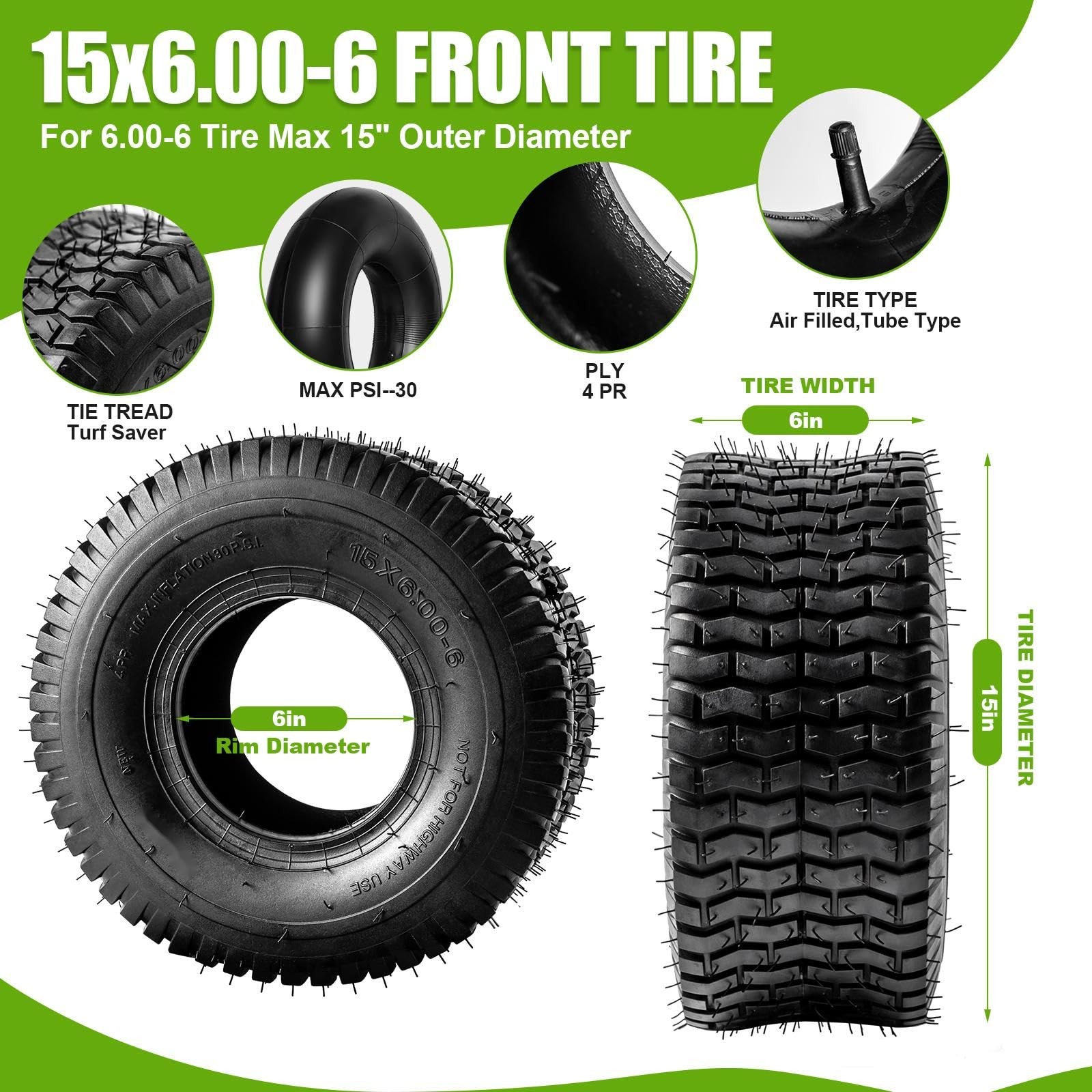 15×6.00-6 Lawn Mower Tire and Inner Tube Set 2 Pack TR-13 Straight