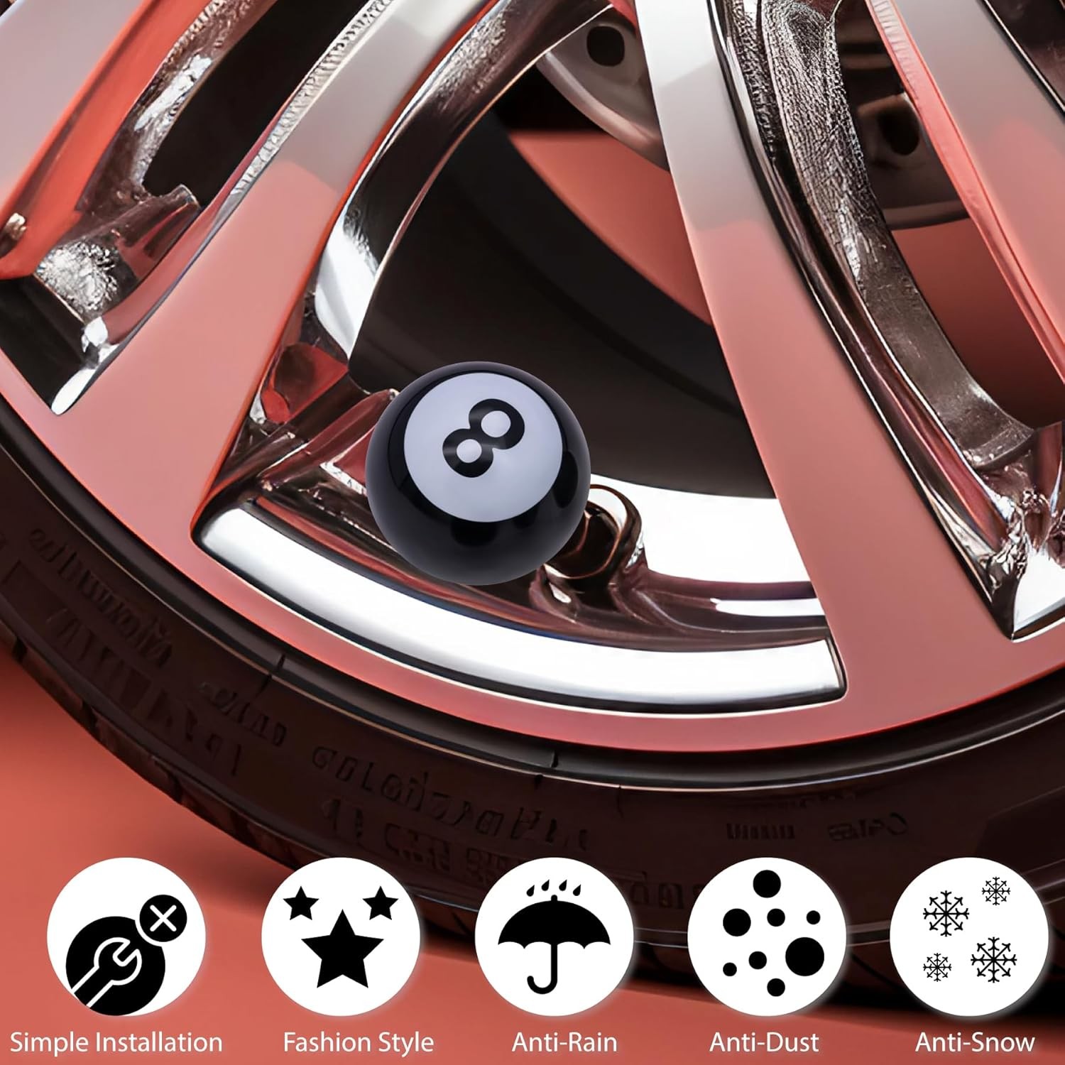 4PCS Pool 8 Ball Style Tire Valve Stem Caps, Universal Copper Core Dustproof Tir