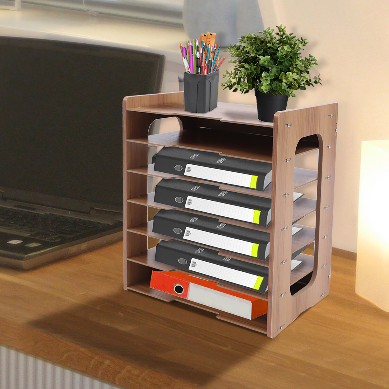 7 Tier Wood Desktop Paper Organizer File Document Storage Shelf for Home Office