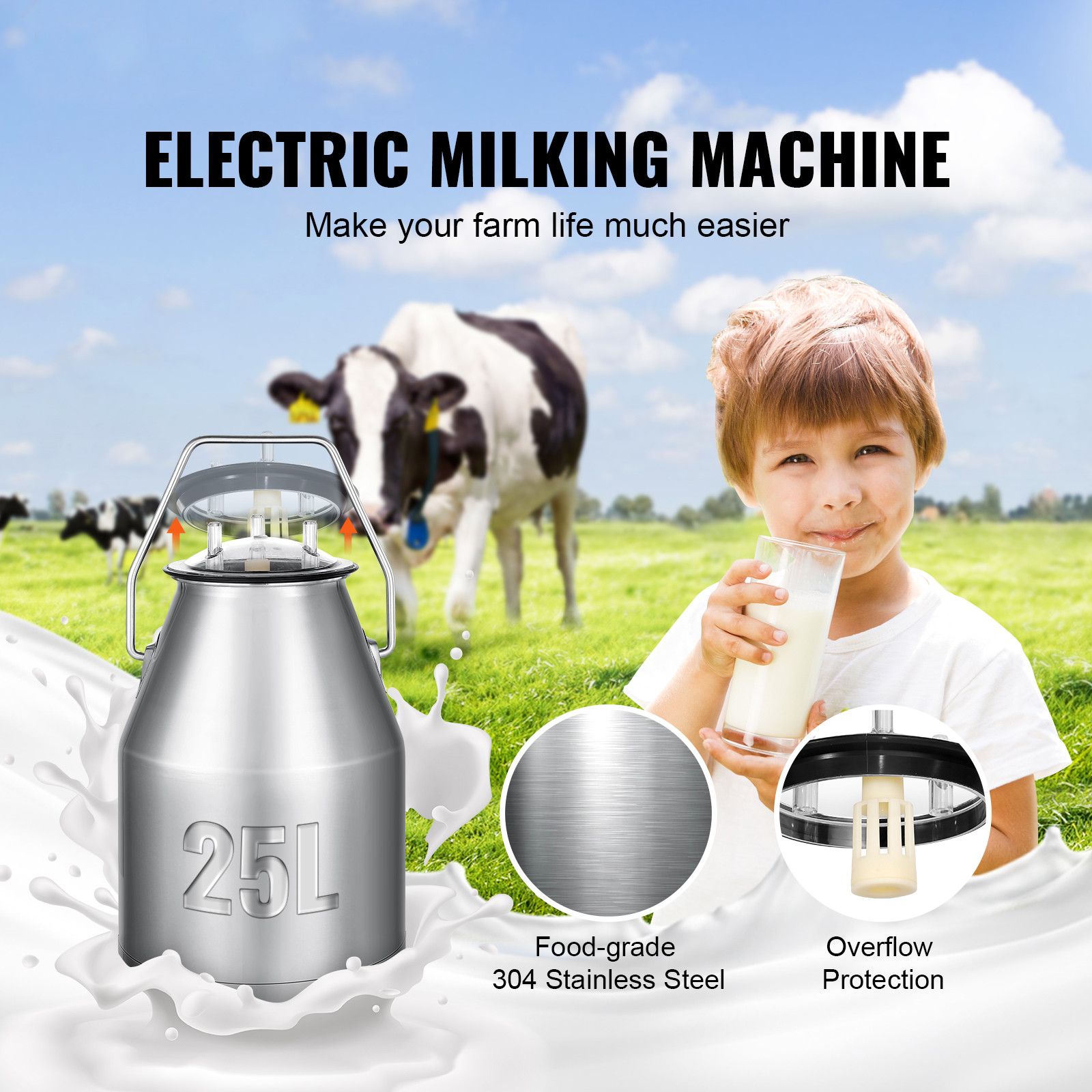 Electric Cow Milking Machine Milking Equipment 25L 304 Stainless Steel