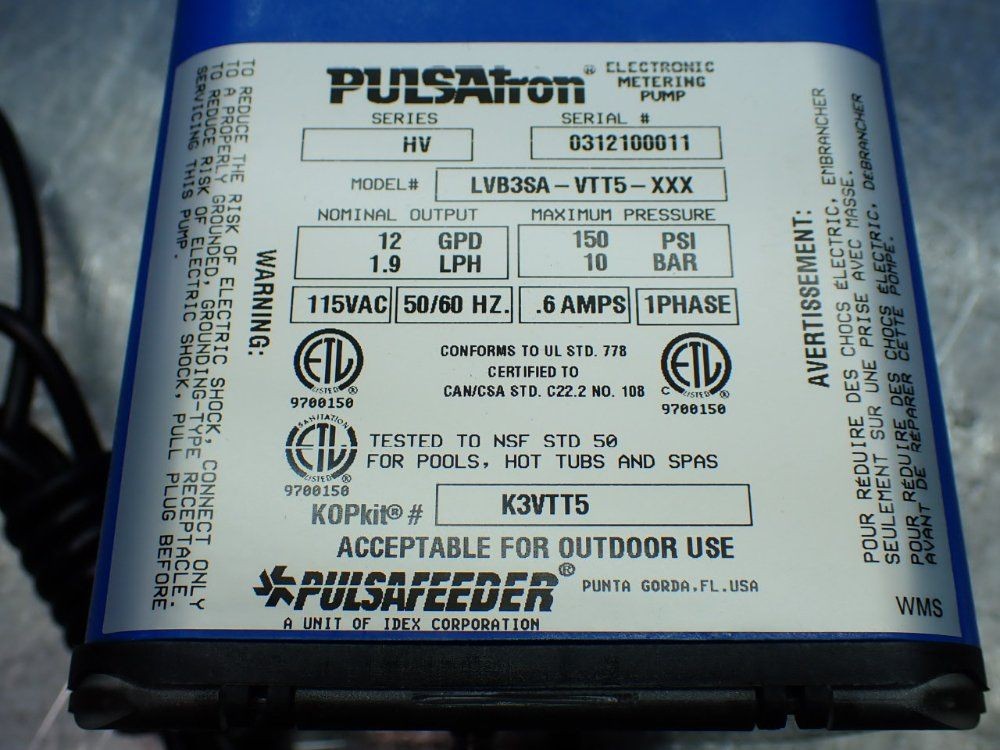 PULSAFEEDER LVB3SA-VTT5-XXX METERING PUMP 1.9LPH 150PSI 10251700009