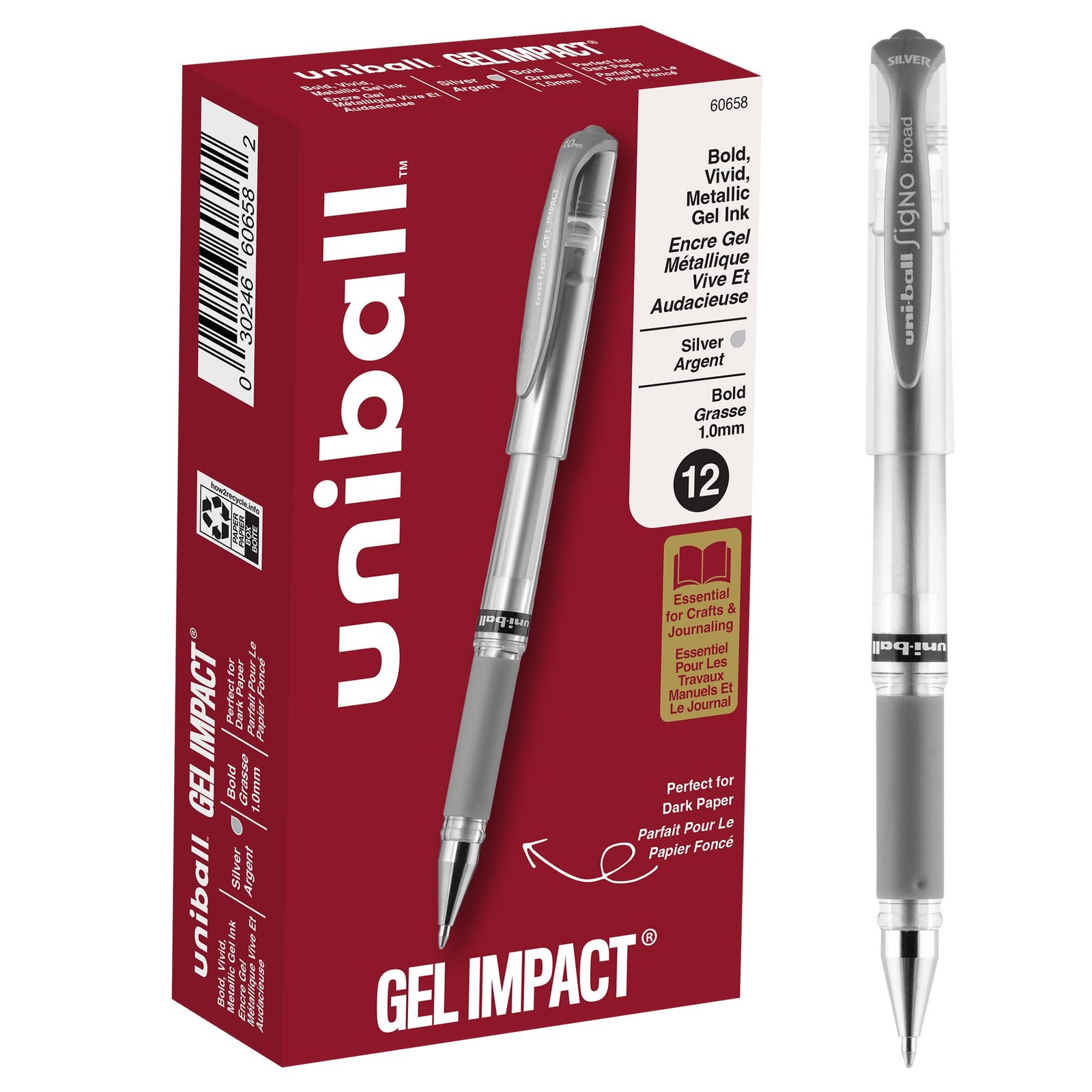 uniball Impact Gel Pen, Stick, Medium 1 Mm, Silver Metallic Office Product