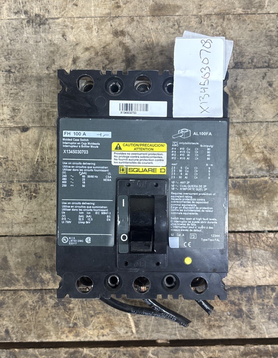 OEM Genuine Square D FH 3 Pole 100 Amp 240 Volt Molded Case Switch, X1345030703