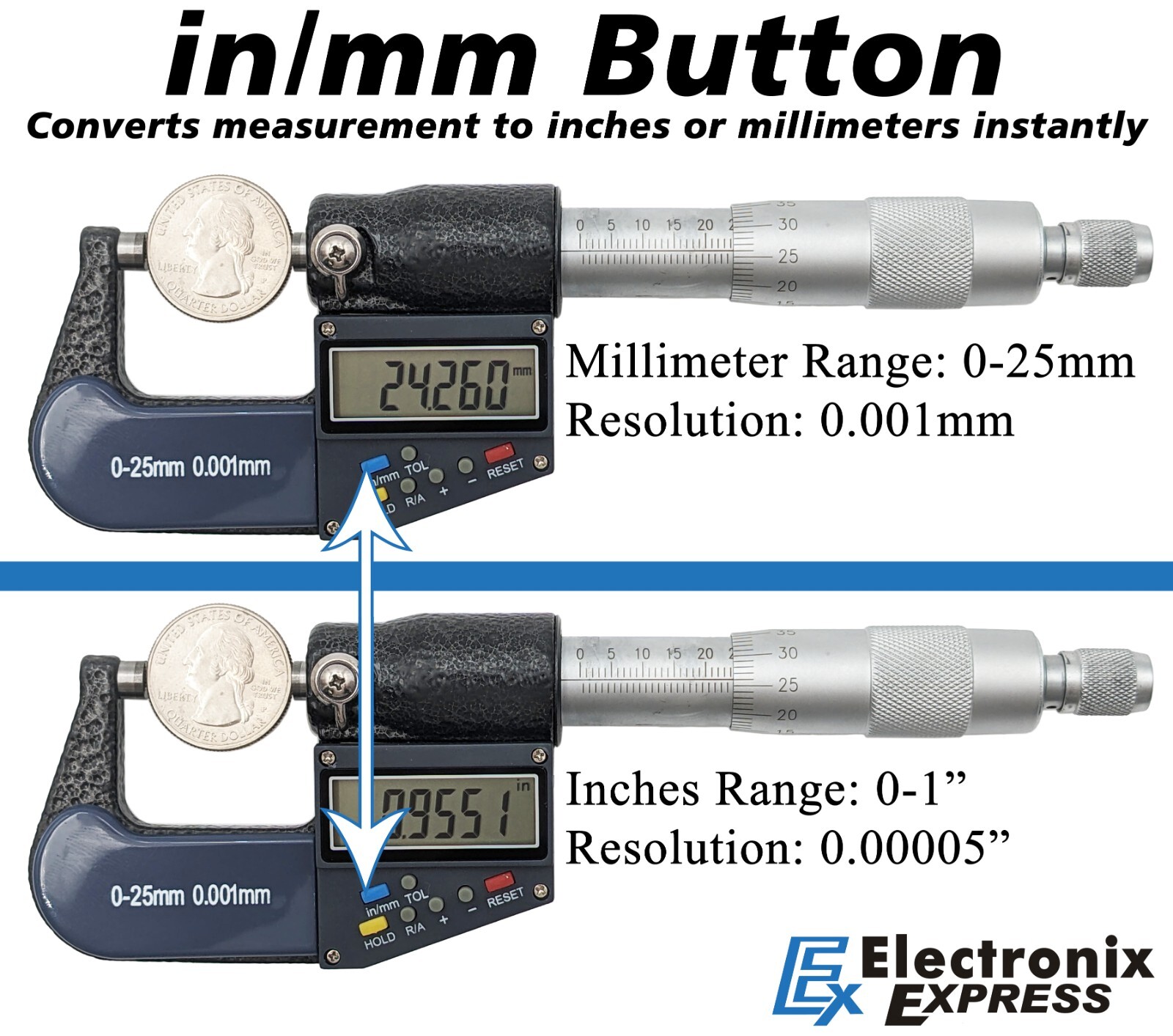 0-25mm (0-1″) Digital Micrometer with 6 Digit LCD Display, 0.001mm Resolution