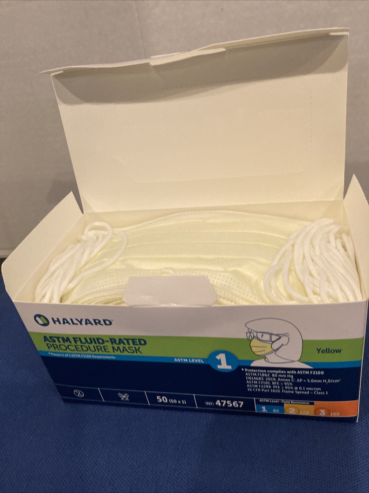 HALYARD 47567 Level 1 Disposable Procedure Mask, Earloops, Yellow, 50 Count Lot
