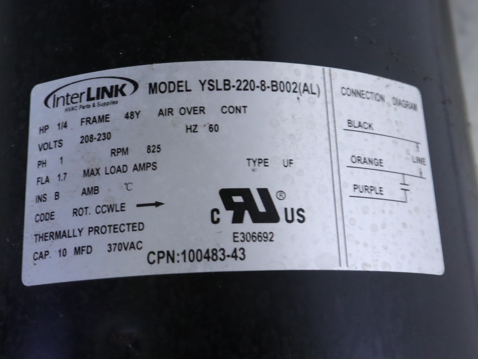 InterLink YSLB-220-8-B002(AL) Fan Motor 1/4HP 825RPM 208-230V CCWLE 100483-43