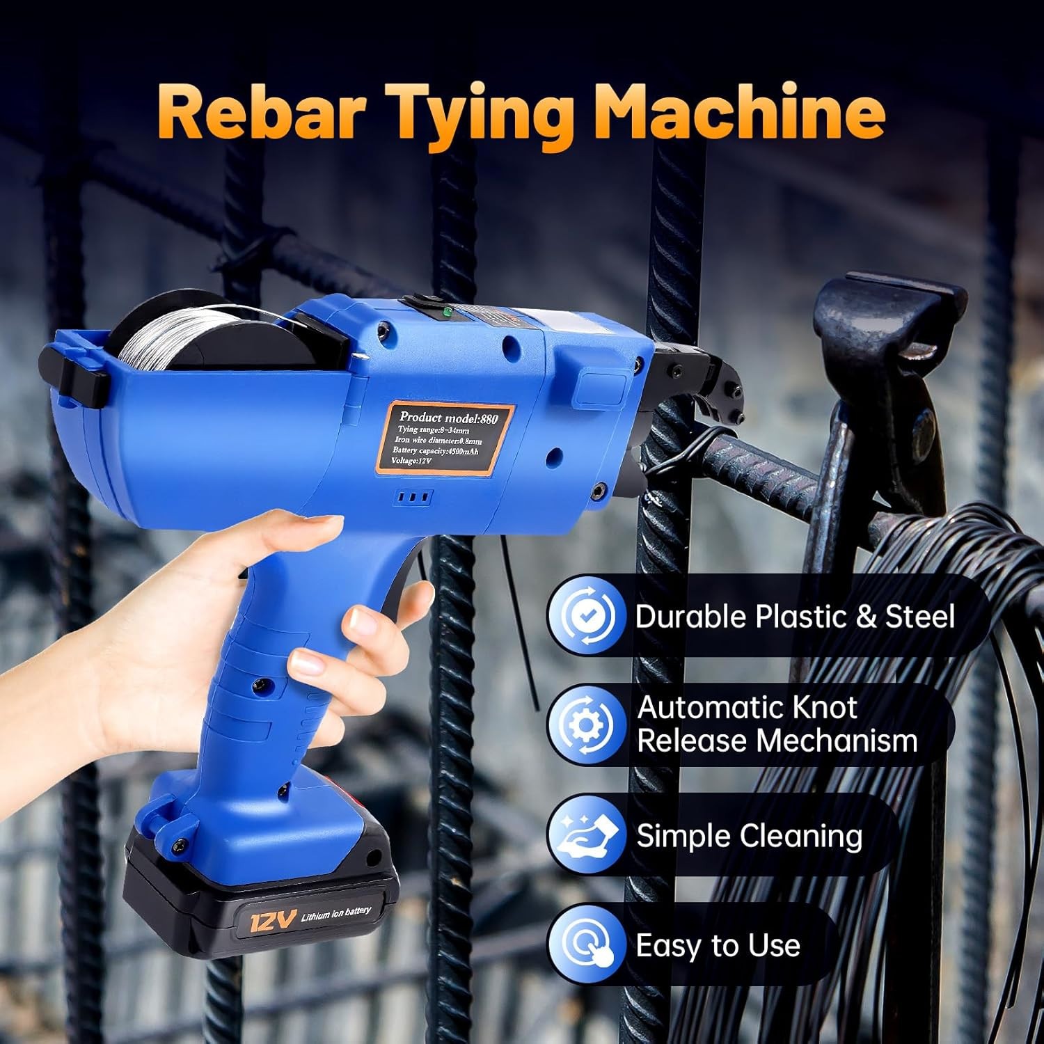 Rebar Tier Gun, 8-34Mm Rebar Tying Tool with 2Pcs 4500Mah Batteries, Blue