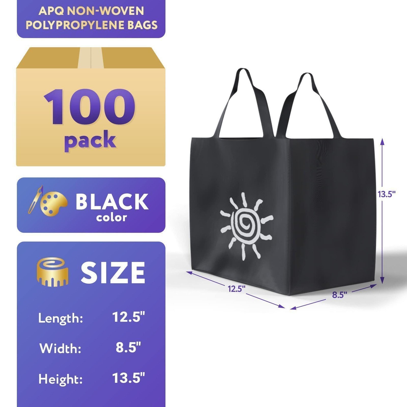 Black Non-Woven Polypropylene Shopping Bags Reusable 100 Pack 12.5×8.5×13.5 in
