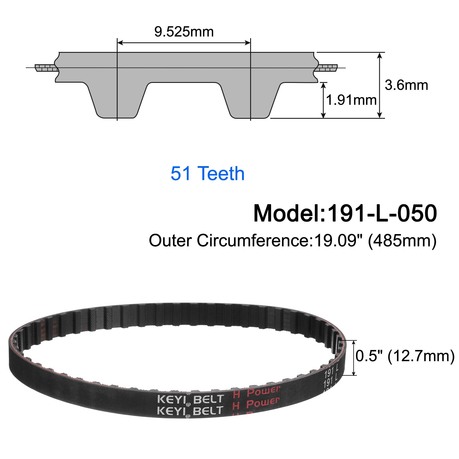 191-L-050 l Timing Belt 19.09″ Pitch Length x 0.5″ Width, 51 Teeth