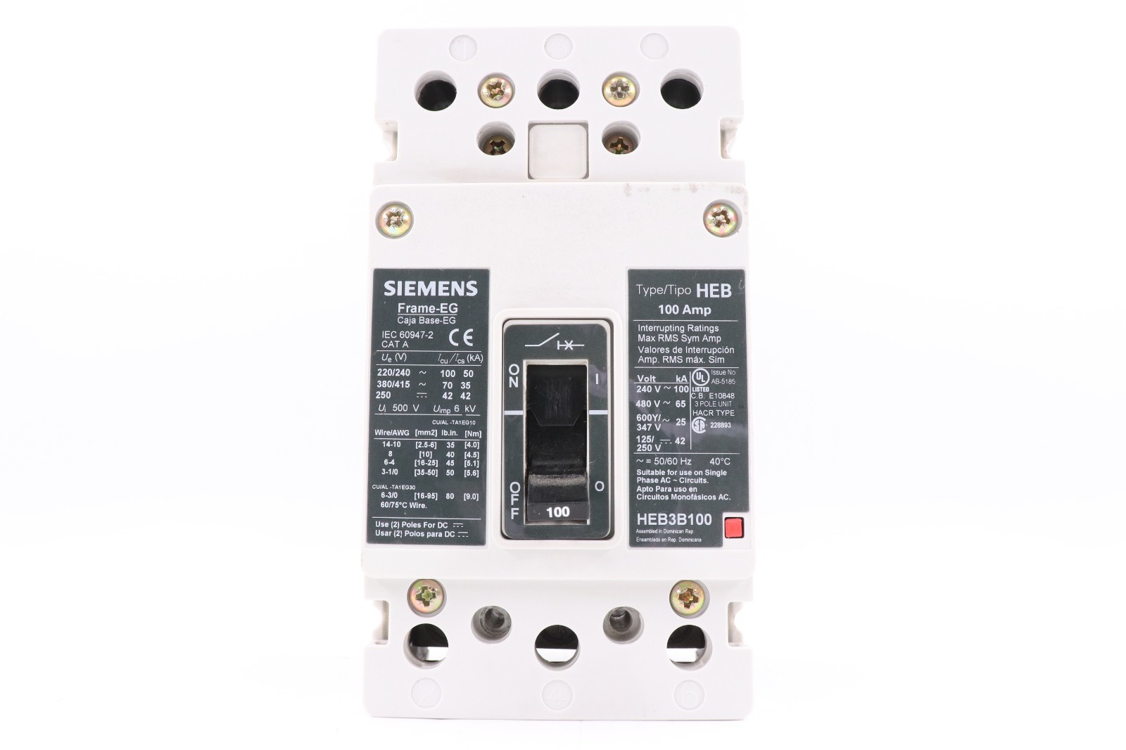 SIEMENS HEB3B100 100A 3-POLE HEB CIRCUIT BREAKER, 65KA@480V HACR
