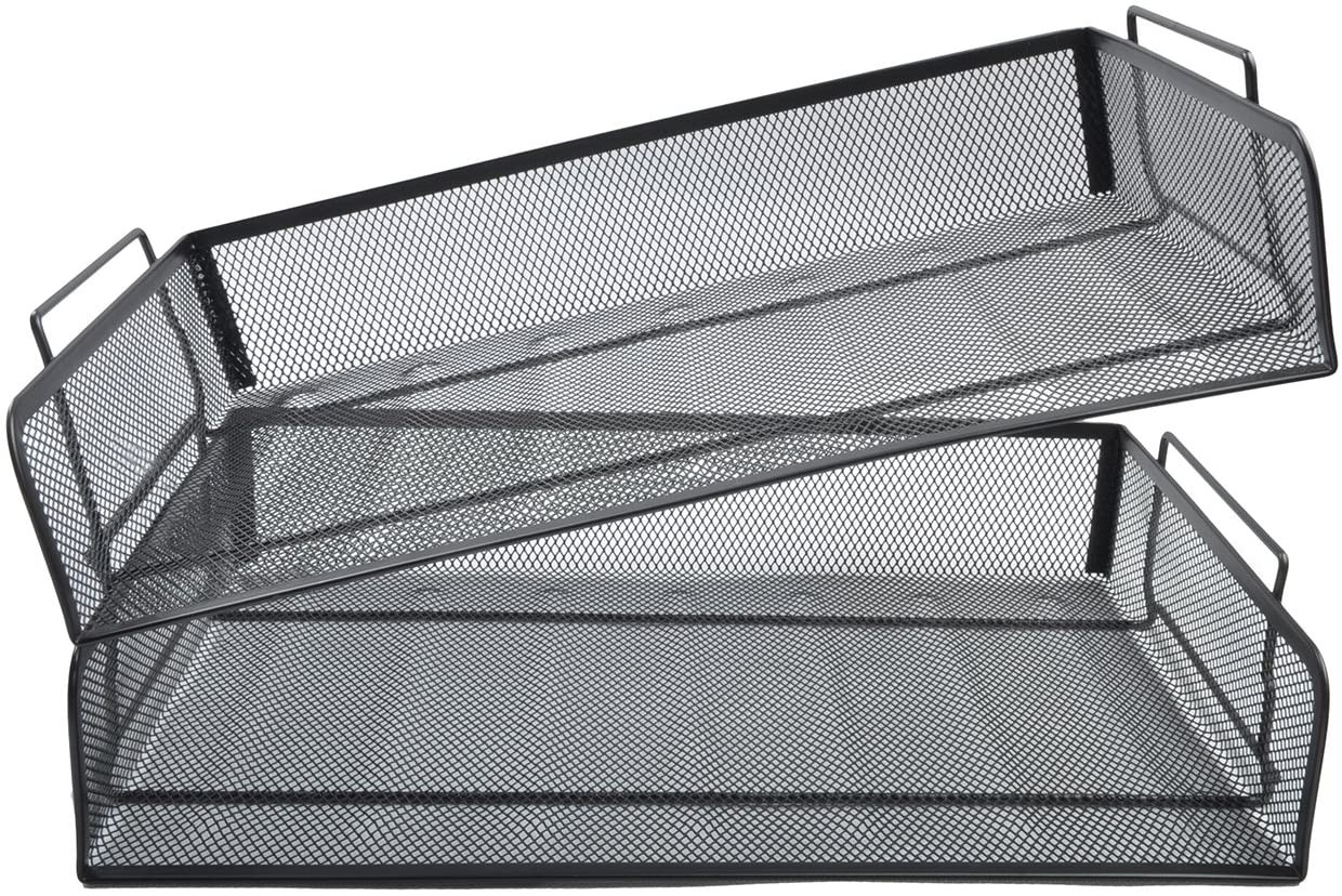 2 Tier Stackable Desktop Document Letter Tray Organizer Black Mesh Collection