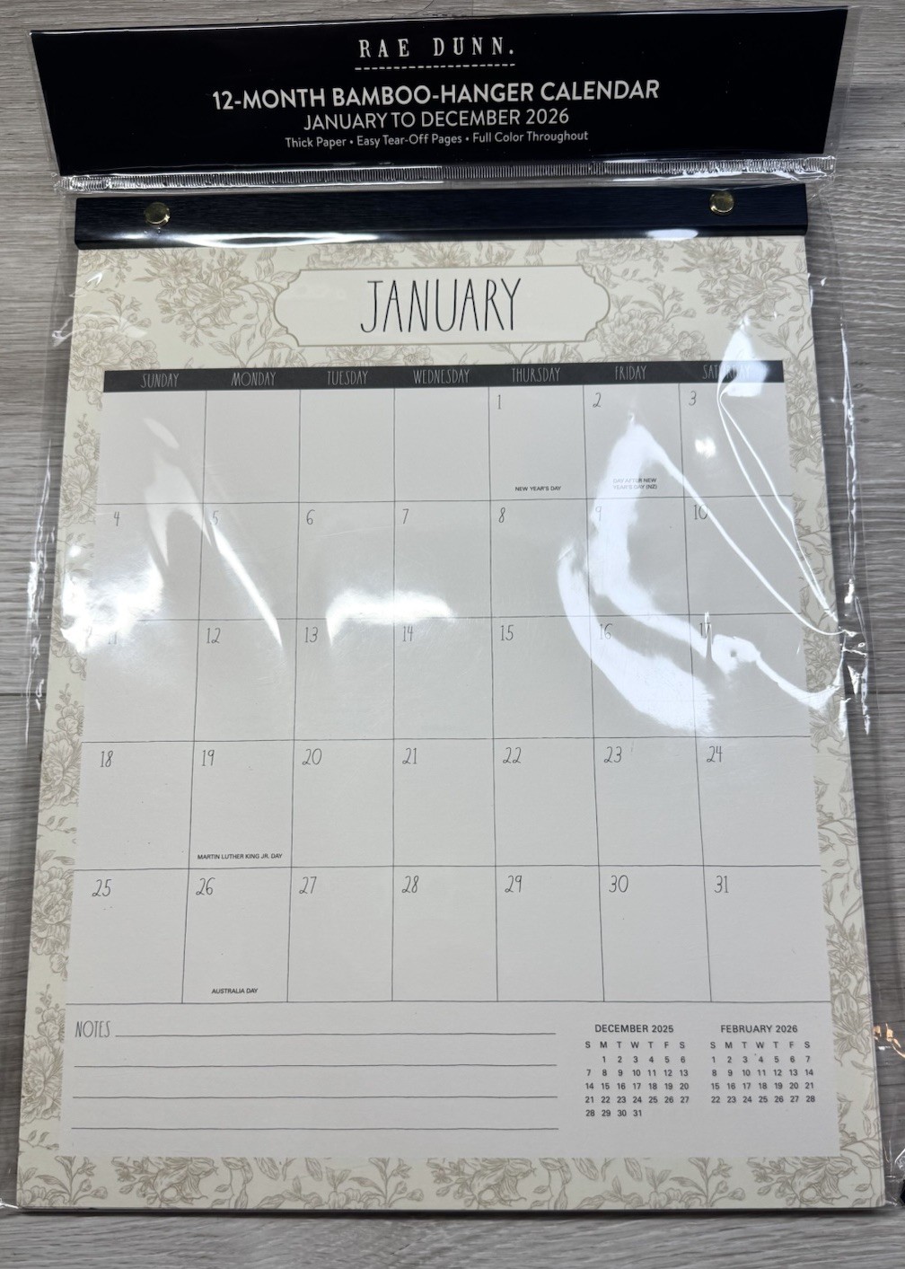 2026 Bamboo Hanger Calendar RAE DUNN 12 Months Brown Flowers Design LARGE