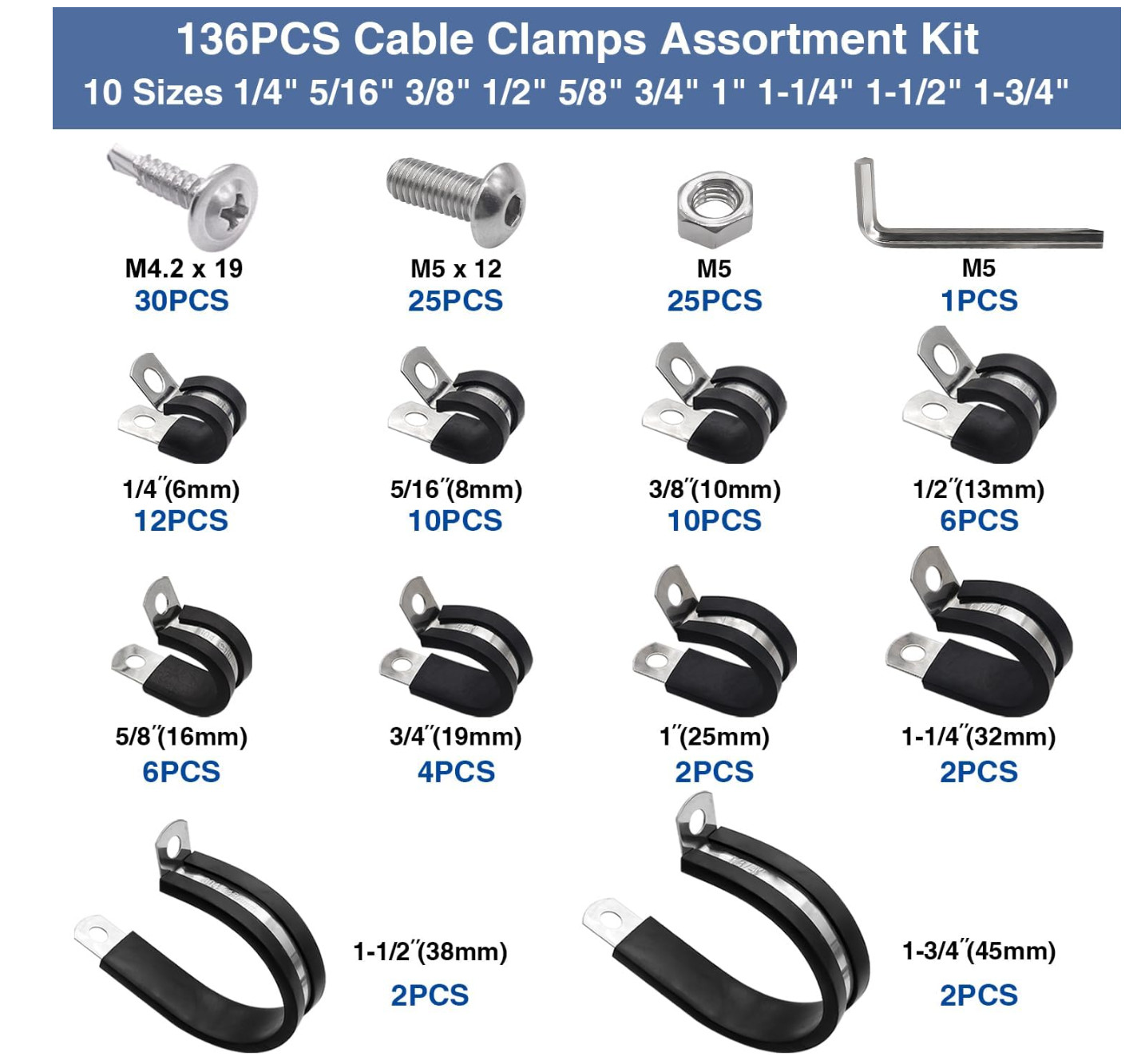 136PCS Cable Clamps Assortment Kit,10 Sizes 304 Stainless Steel Rubber Cushion