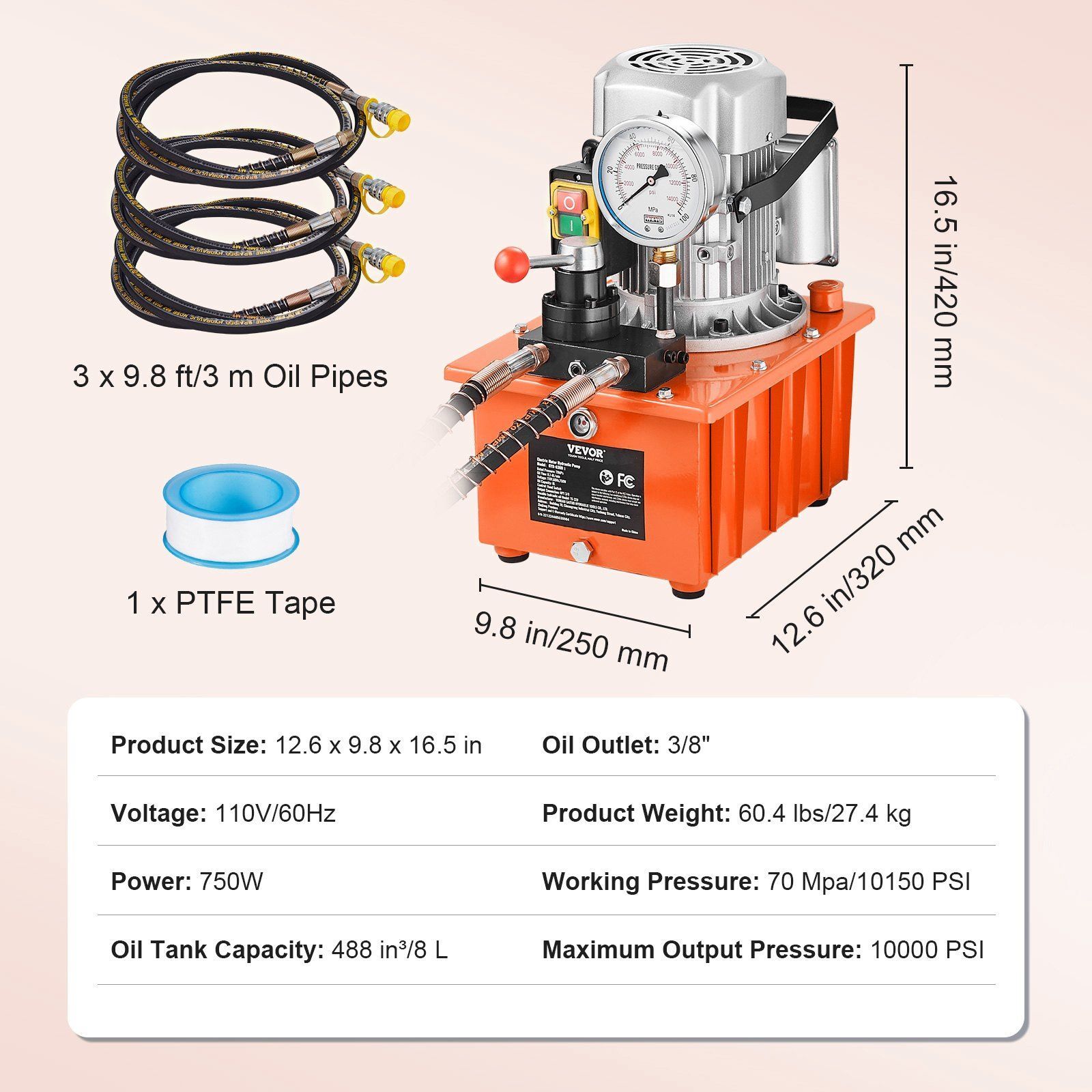 Electric Hydraulic Pump 10000 PSI 750W 110V 488in³/8L Double Acting Manual Valve