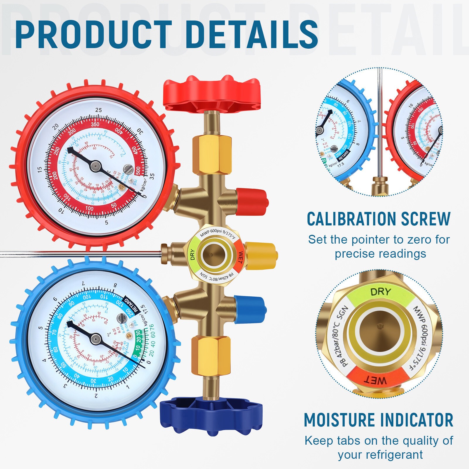HVAC AC 3‑Way Manifold Gauge Set w/ 5ft Hoses R1234yf R404a R134a Refrigeration