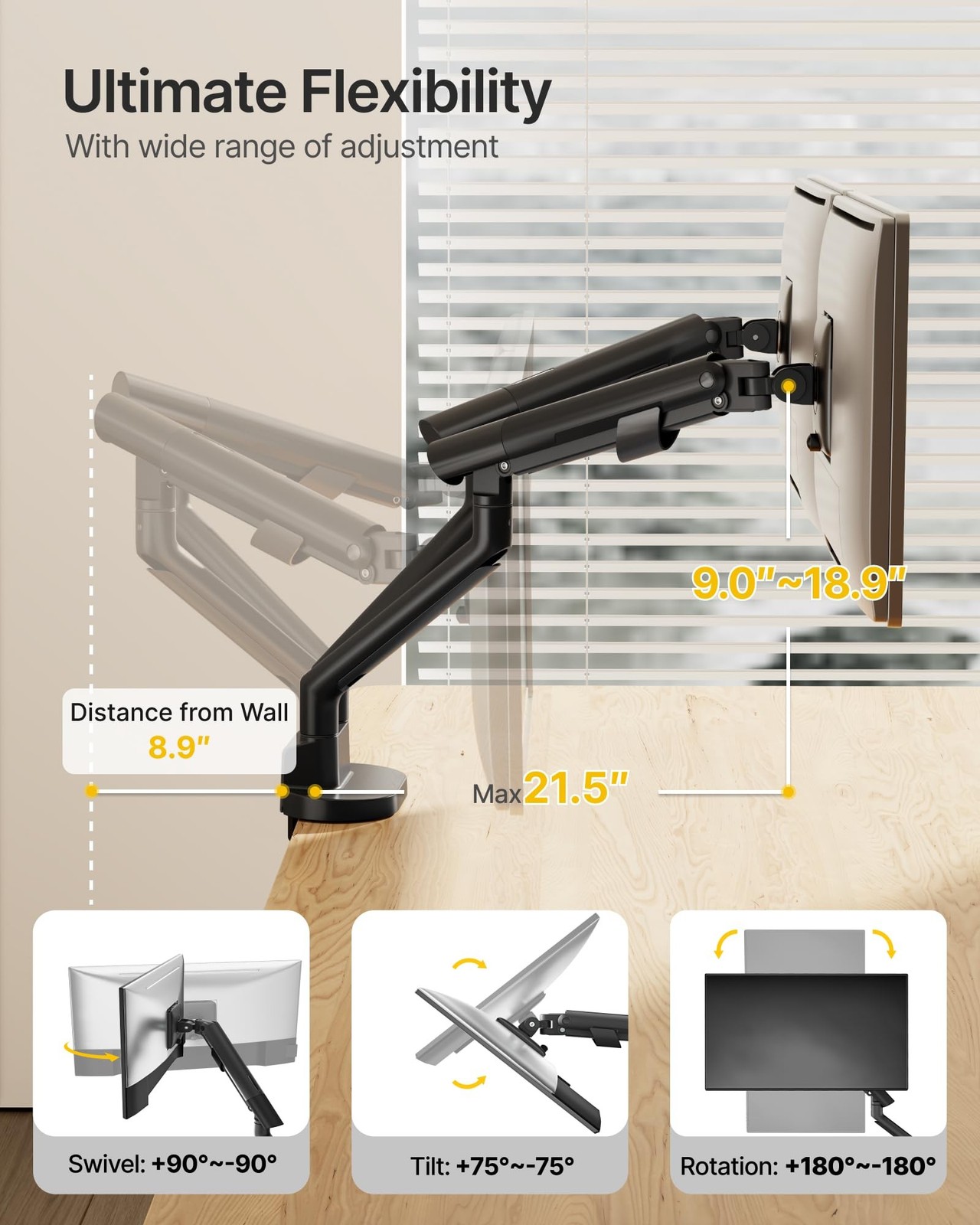 monTEK Aluminum Dual Monitor Arm for 17-35″ Screens, 24.3 lbs Each, Black | M…
