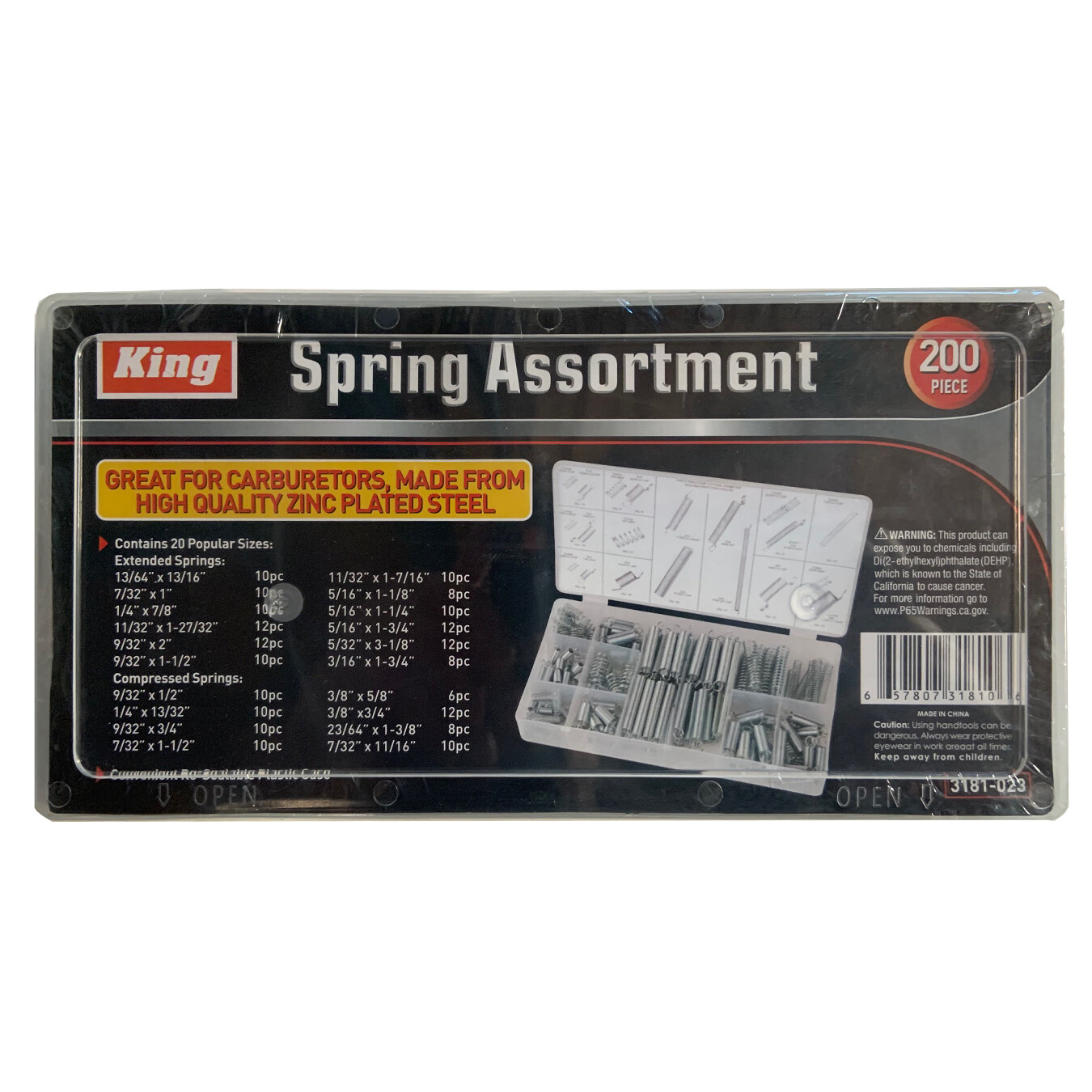 200pc Spring Assortment Set Zinc Plated Steel Compression & Extension Carburetor