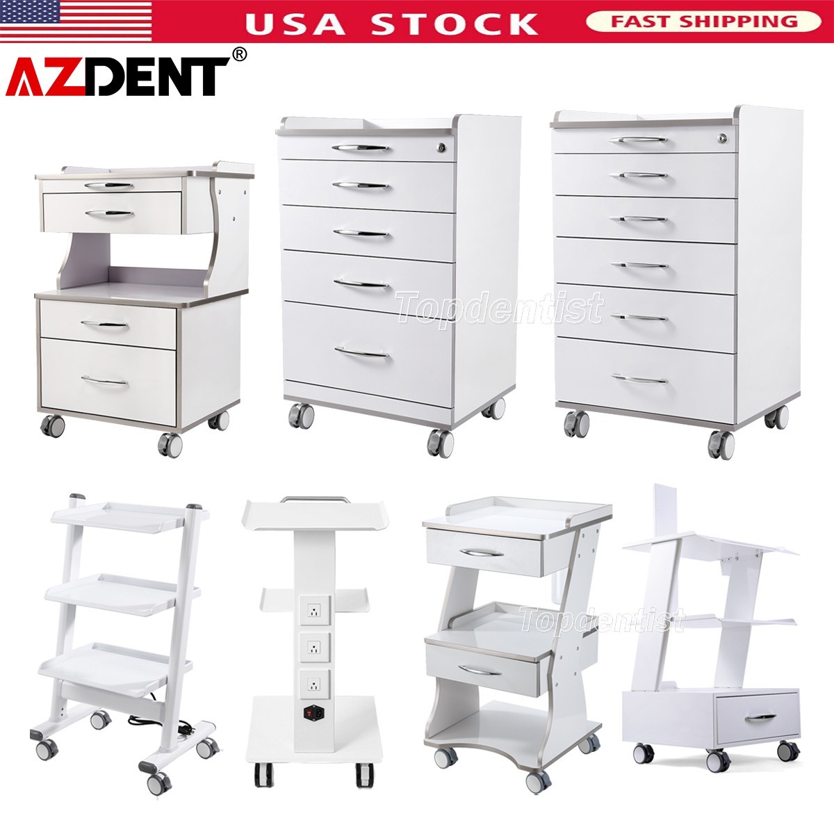 AZDENT Dental Mobile Cabinet Cart with Drawers /Tool Cart Trolley with Sockets