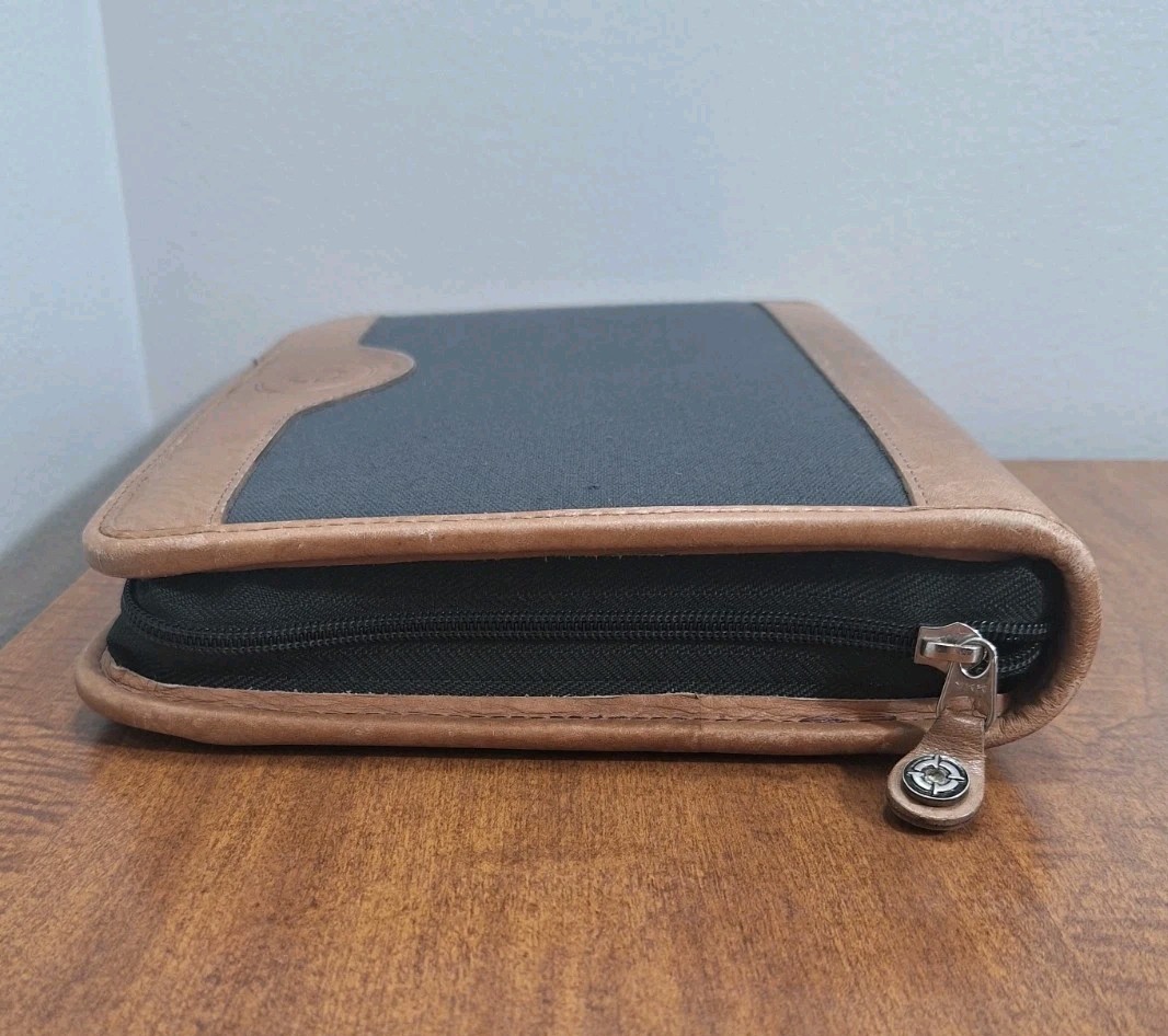 Vtg Franklin Covey Planner Green Canvas Tan Leather Trim 8×10 Full Zip Closure