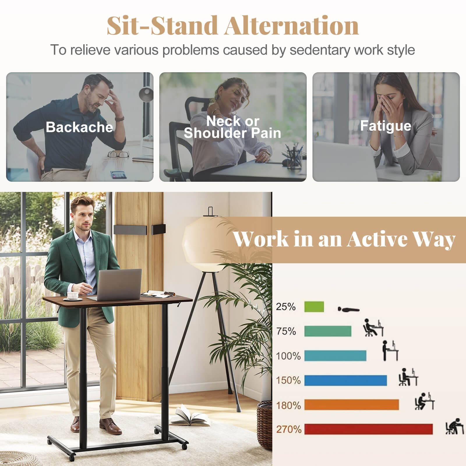 Costway Height Adjustable Computer Desk Sit Stand Rolling Notebook Table Brown