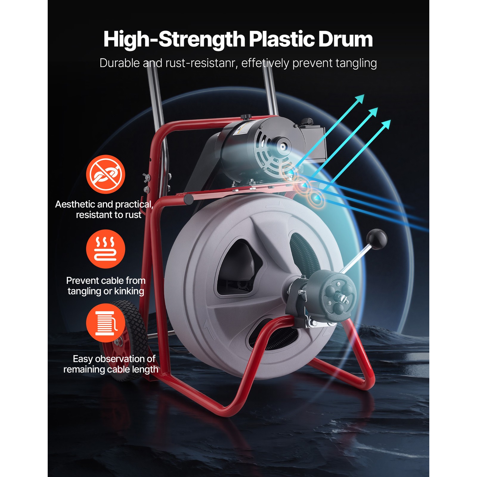 VEVOR Drain Cleaner Machine 100FT x 1/2 Inch Auto Feed with Wheels & 8 Cutters