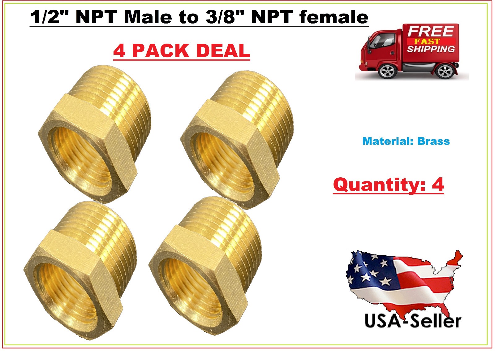 4 PK Hex Reducer Bushing 1/2″ Male x 3/8″ Female NPT Adapter Pipe Fitting Brass