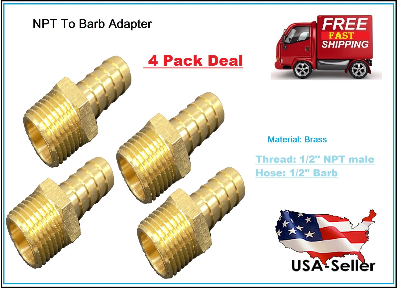4 Pack Hex Adapter 1/2″ Male NPT to 1/2″ Hose Barb