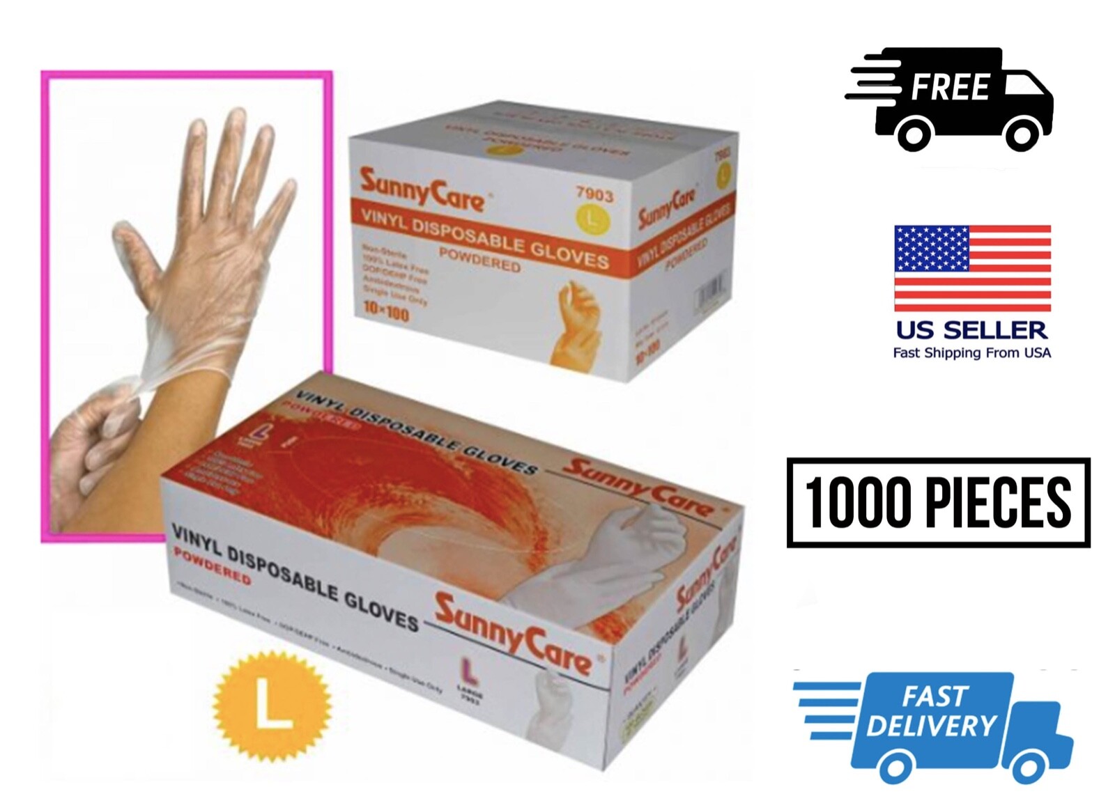 10X100 1.000 0pcs Vinyl Gloves Powder Free SunnyCare Size LARGE FAST SHIP