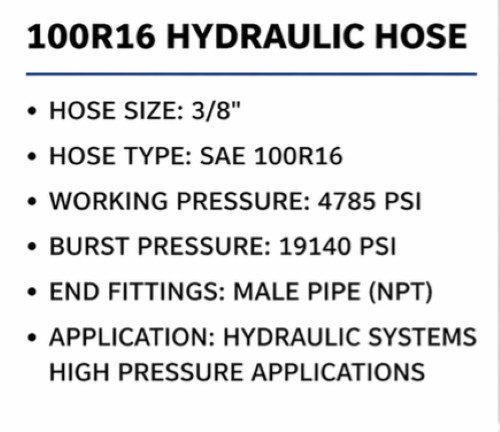 3/8″ 2 wire 100R16 Hydraulic Hose Assembly with NPT Male 3/8″ fittings 4785 PSI