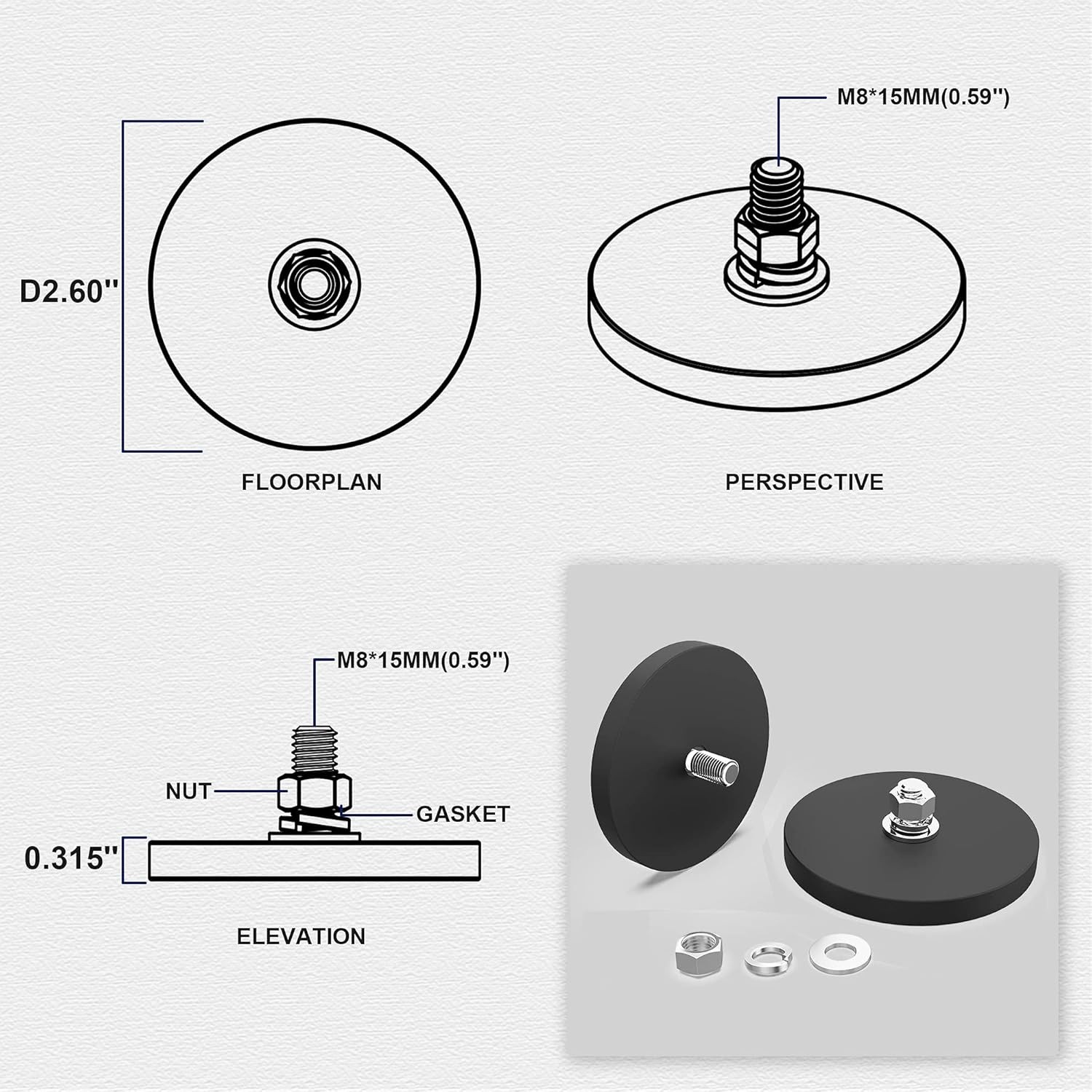 4Pcs Rubber Coated Magnets, 40LBS Neodymium Magnet Base with M8 Threaded Stud…